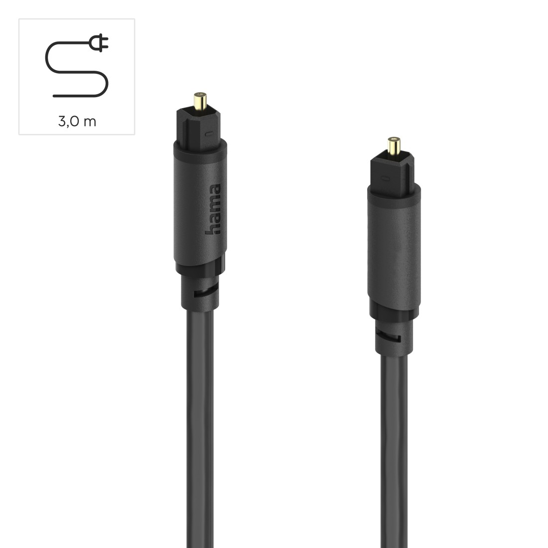 Dwa czarne kable audio optyczne ze złączami Toslink. Po lewej stronie wskaźnik długości 3,0 m.
