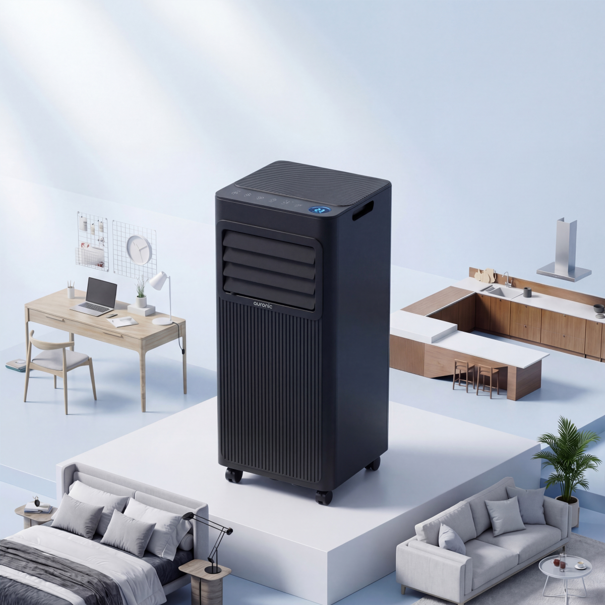 A black air cooler sits on a pedestal surrounded by miniature furniture.