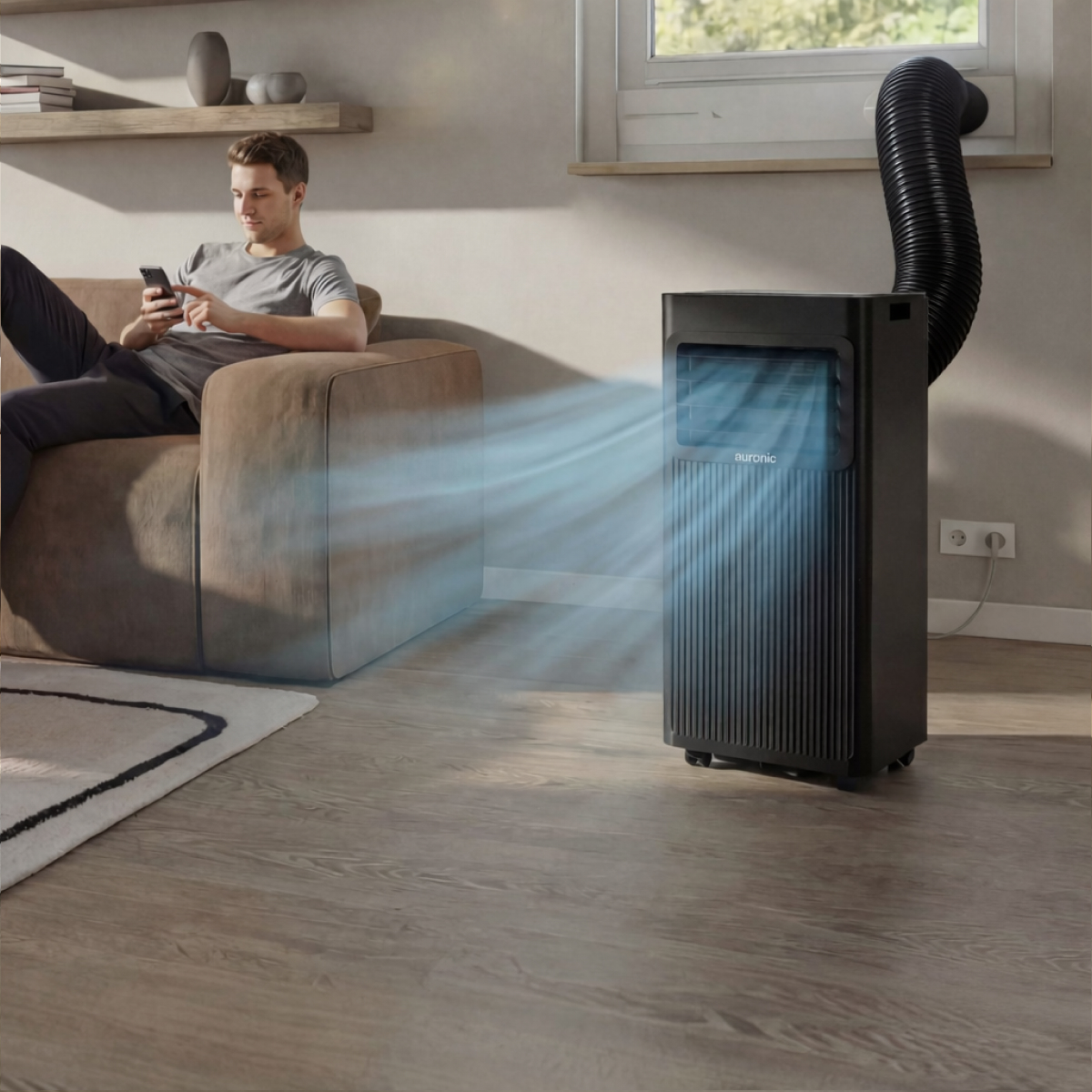 A man sits on a couch using his phone. A portable air conditioner blows cool air.