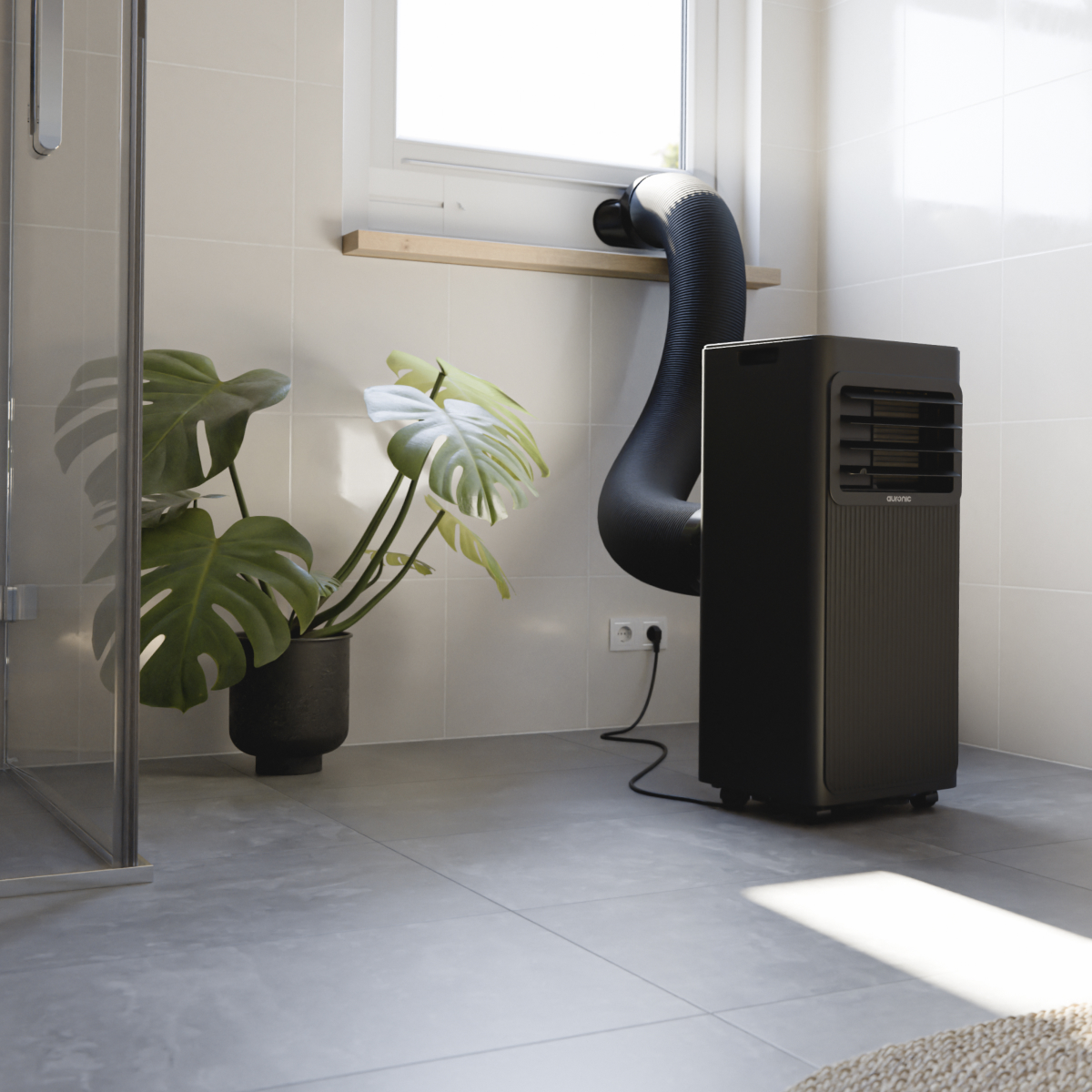 A black air conditioner hose runs through a window, connecting to a black AC unit. A plant is nearby.