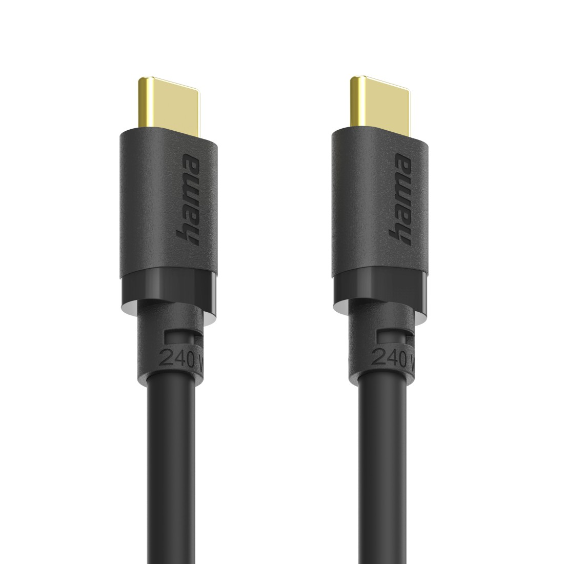 Dwa czarne kable Hama ze złotymi złączami USB-C. 240W.