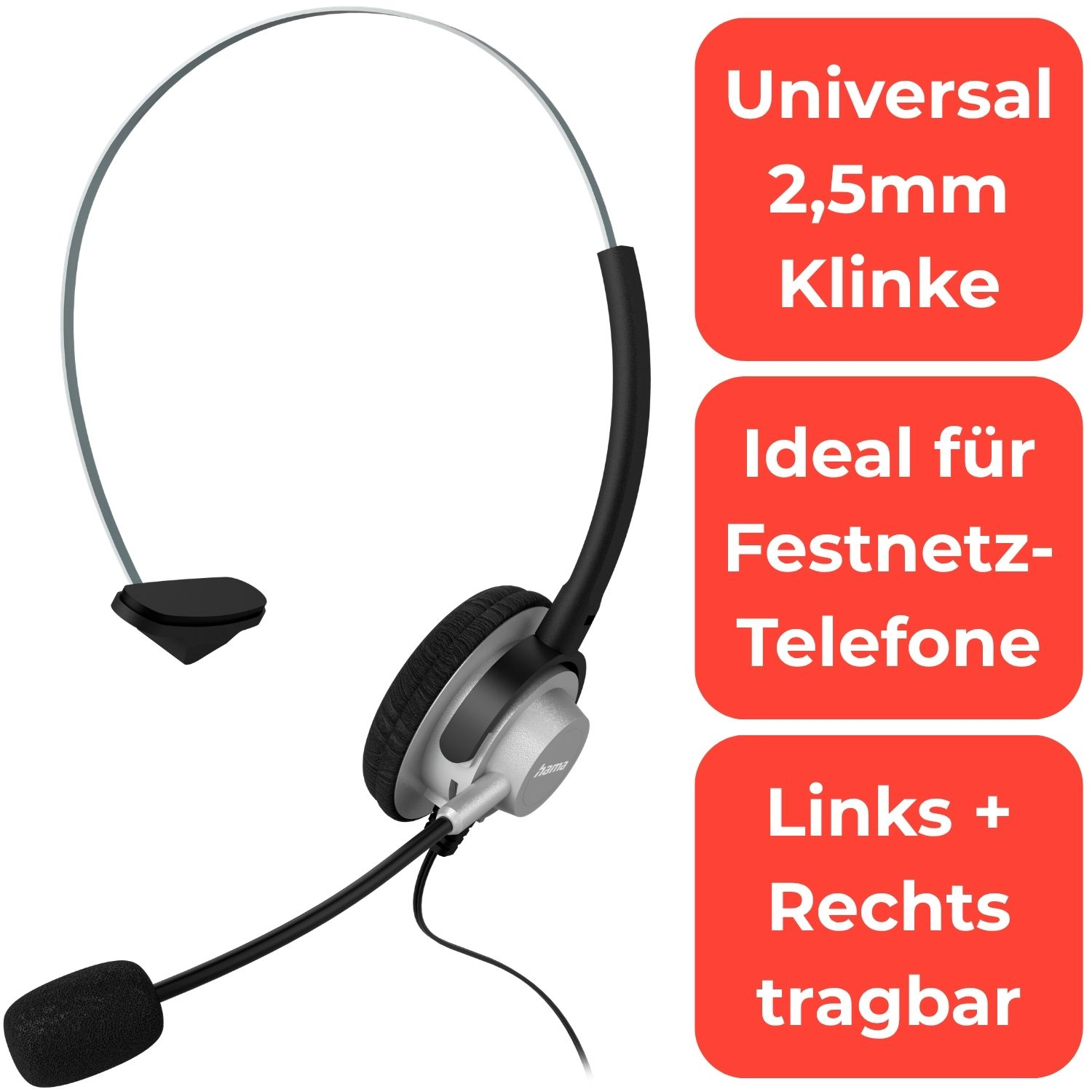 Silbernes Headset mit Mikrofon und 2,5mm Klinke, für Festnetztelefone, links/rechts tragbar.