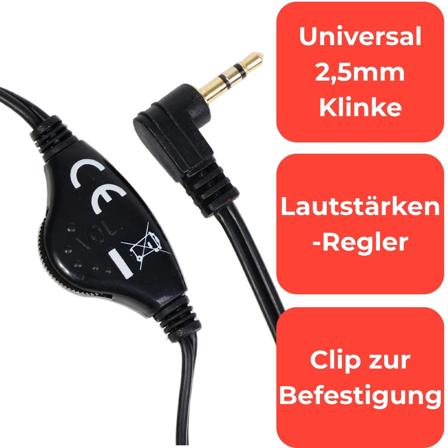 Schwarzes Audiokabel mit 2,5mm Klinkenstecker, Lautstärkenregler und Clip.