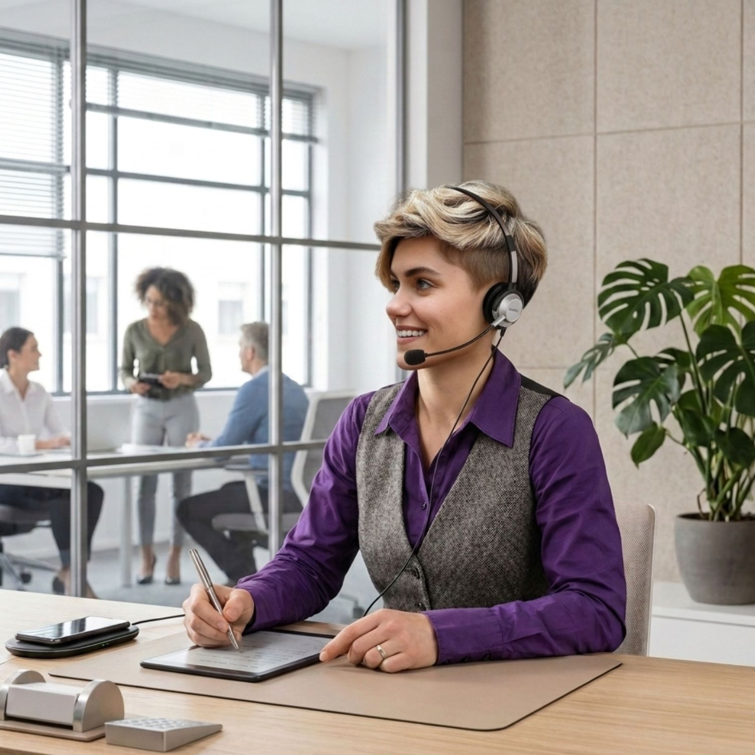 Eine Frau mit Headset schreibt auf einem Tablet im Büro. Andere treffen sich im Hintergrund.