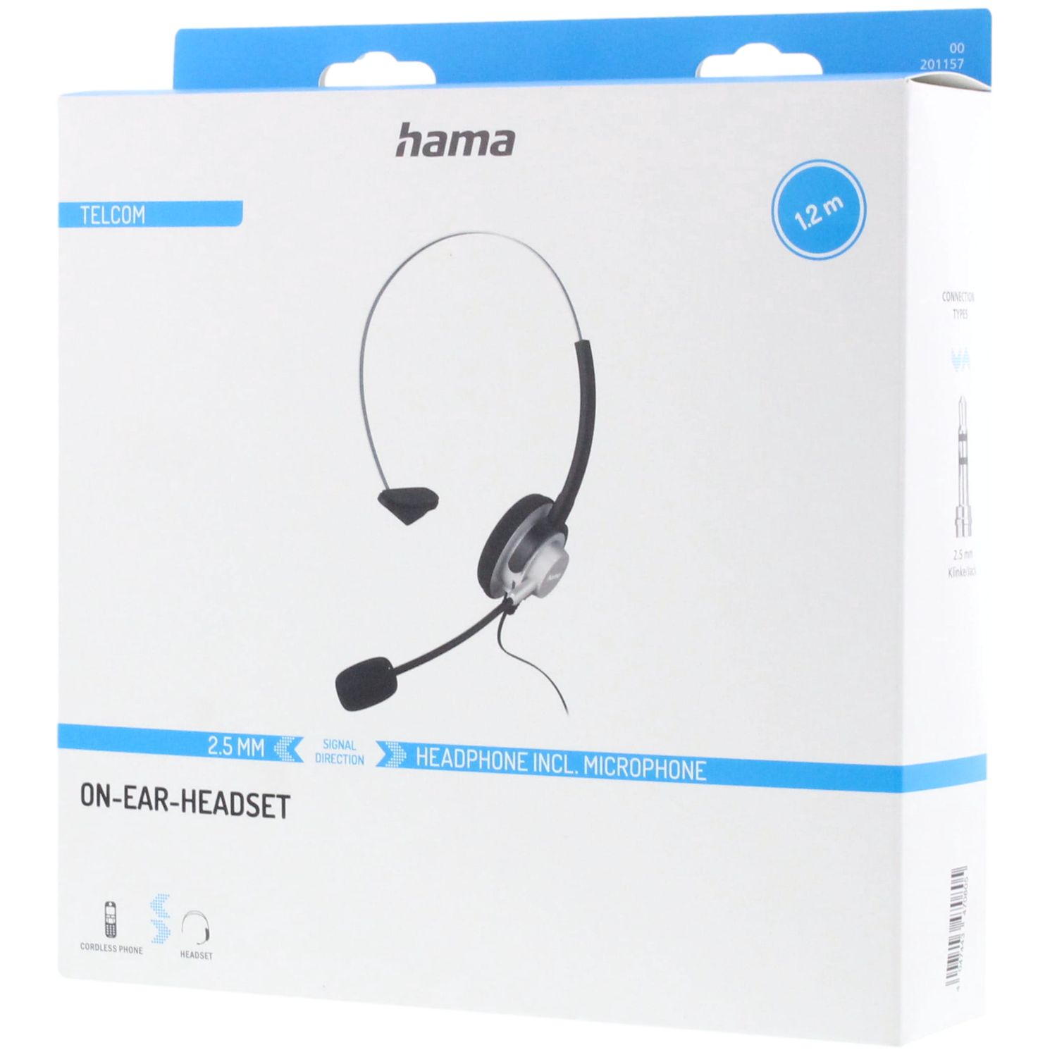 Weiße Verpackung für ein Hama On-Ear-Headset mit Mikrofon, 1,2 m Kabel.