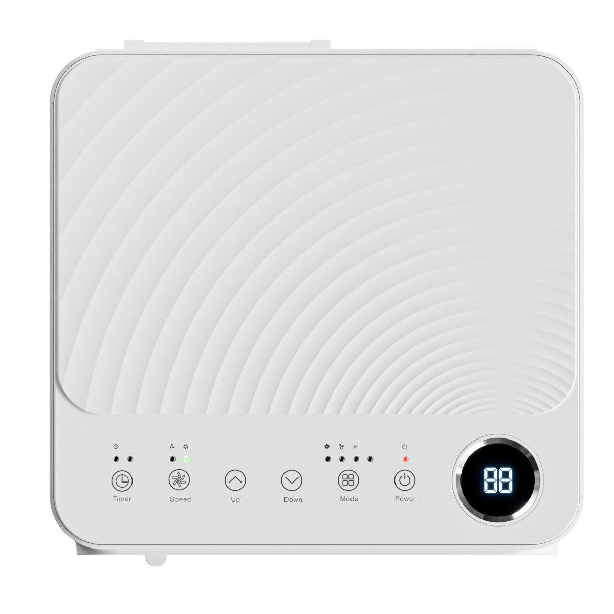 White device with wavy pattern on top and control buttons. Digital display shows 88.