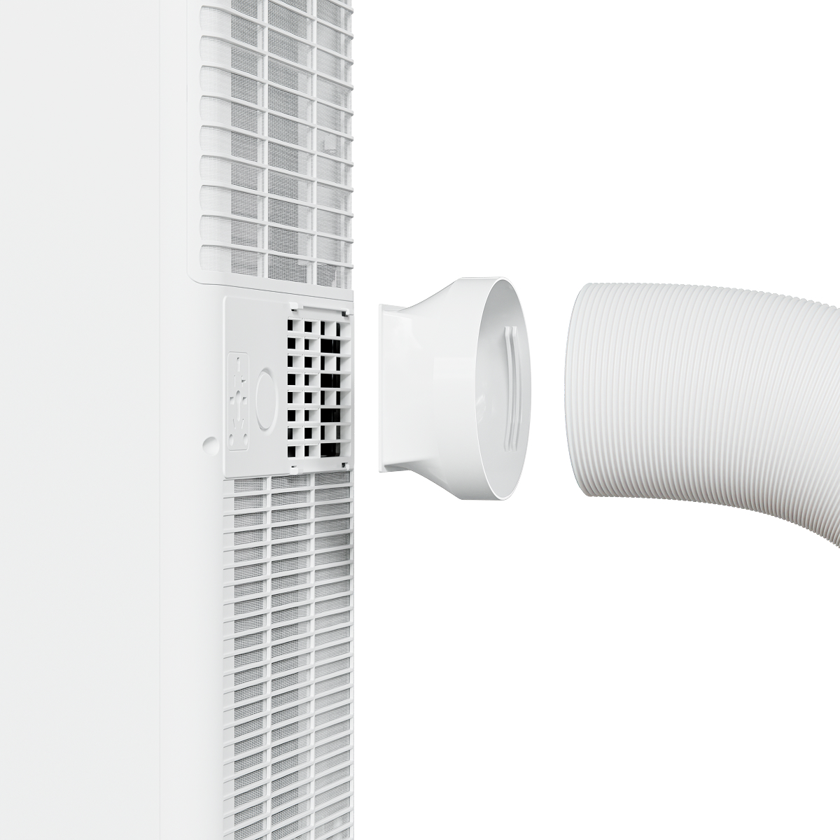 A white portable air conditioner adapter and hose on a white background.