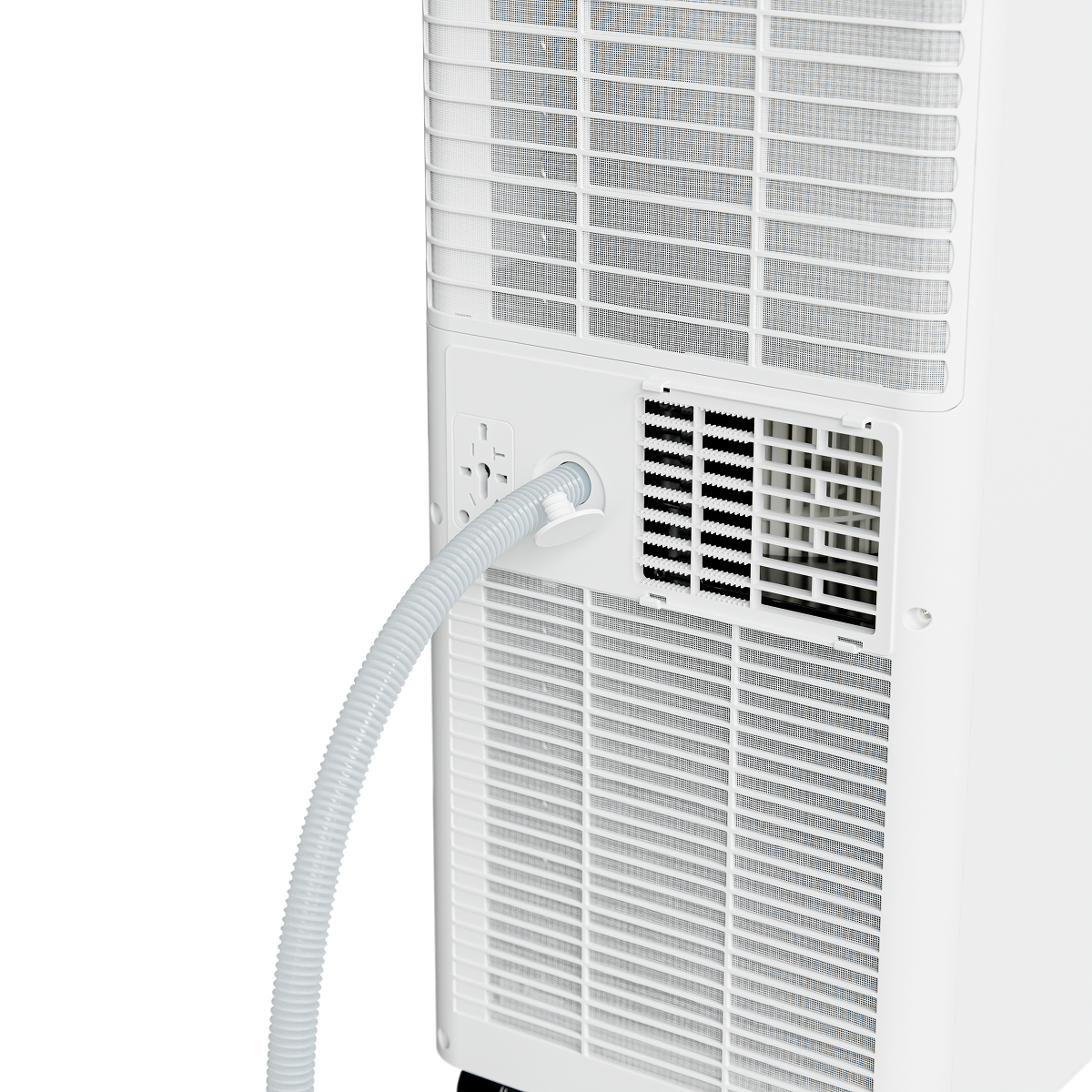 A white air conditioner with a flexible hose attached to its back.