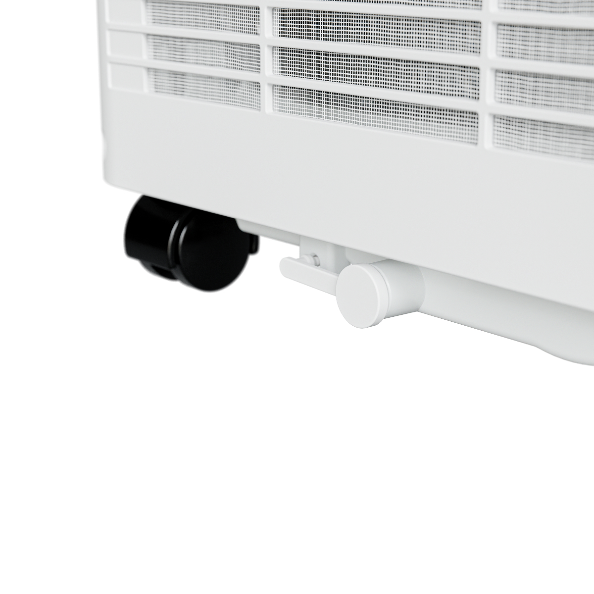 Close-up of a white appliance with wheels and a white handle.