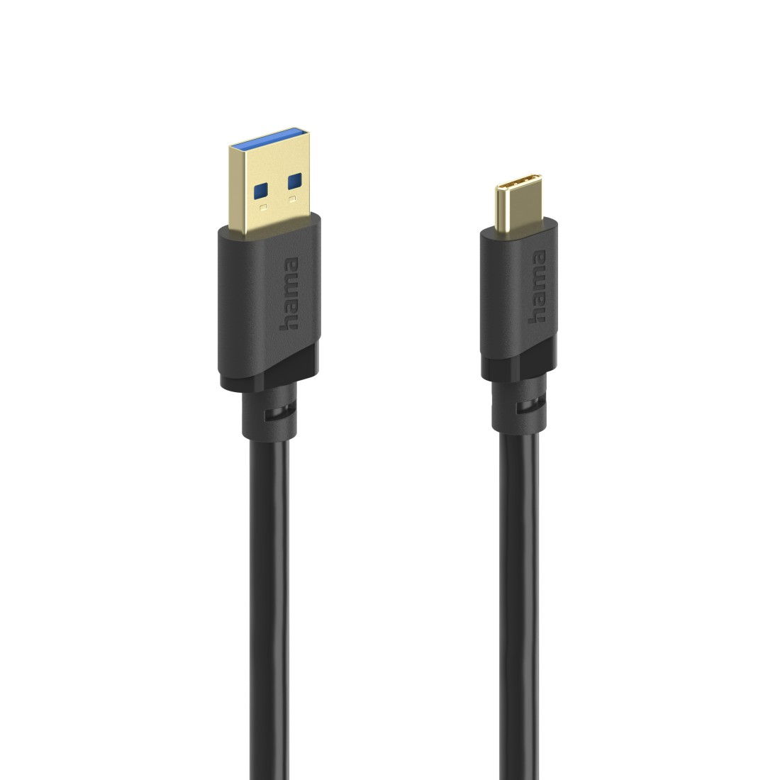 Dwa czarne kable Hama ze złączami USB-A i USB-C na białym tle.
