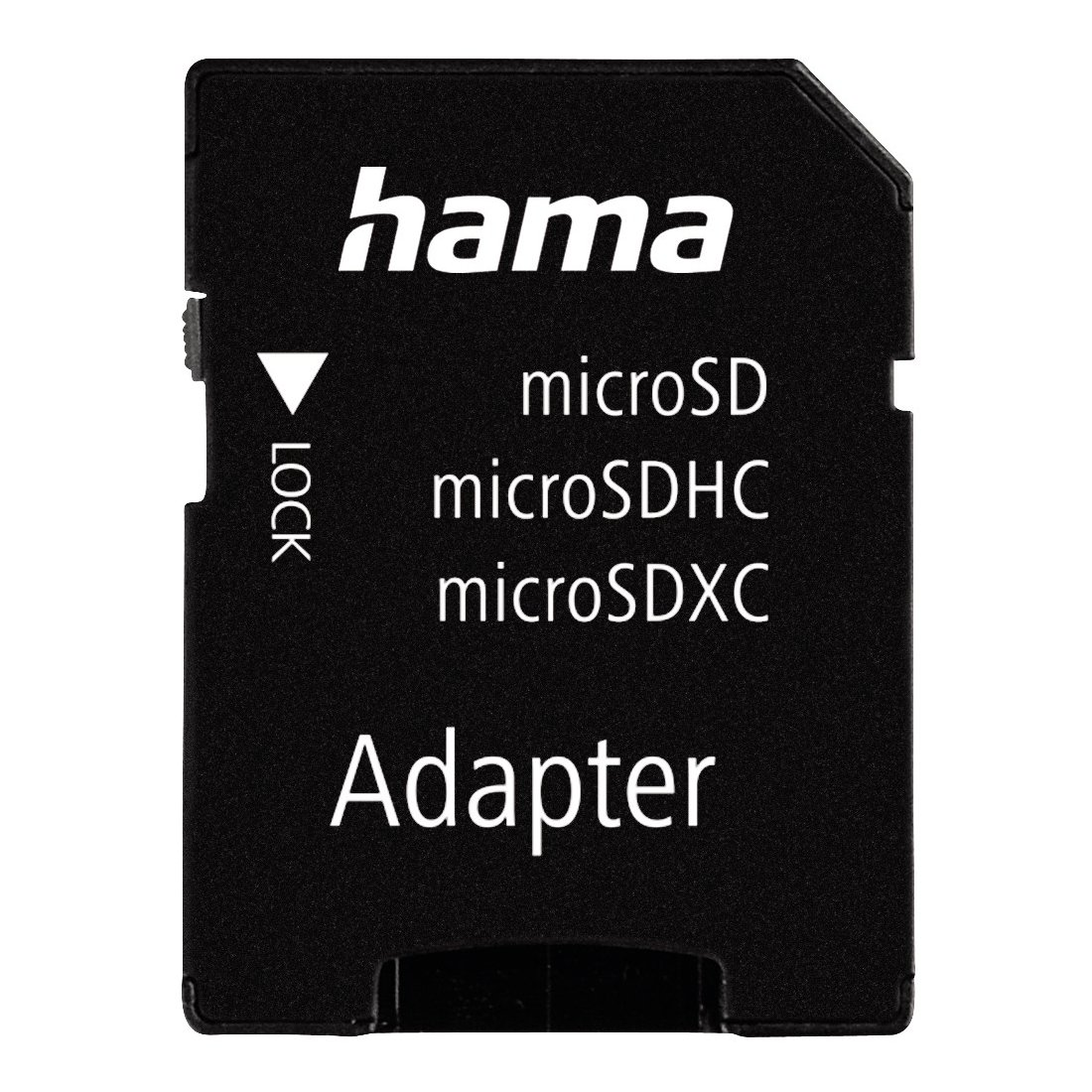 Czarny adapter karty microSD z logo "hama" i przełącznikiem "Lock".