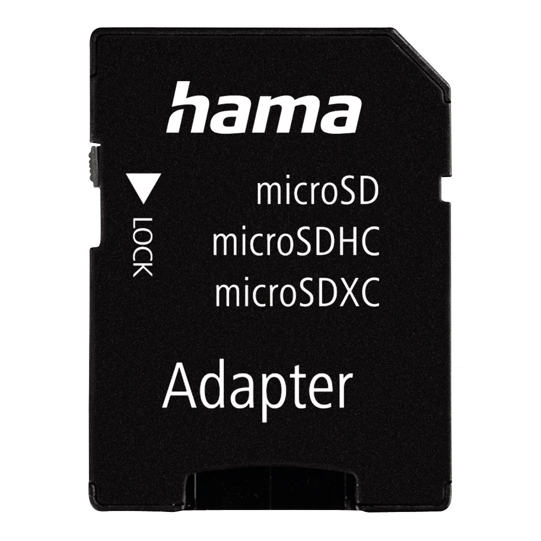 Czarny adapter Hama MicroSD z napisem: Adapter, microSD, microSDHC, microSDXC, Lock.