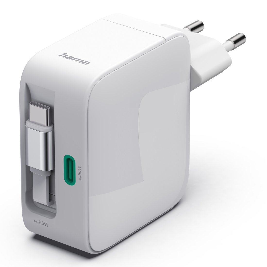 Biały zasilacz Hama USB-C z dwoma bolcami i portem USB-C.