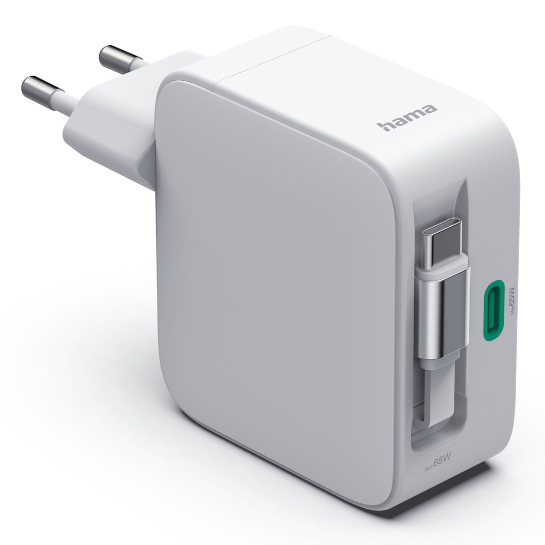 Biała szybka ładowarka Hama USB-C z dwoma bolcami i portem USB-C.