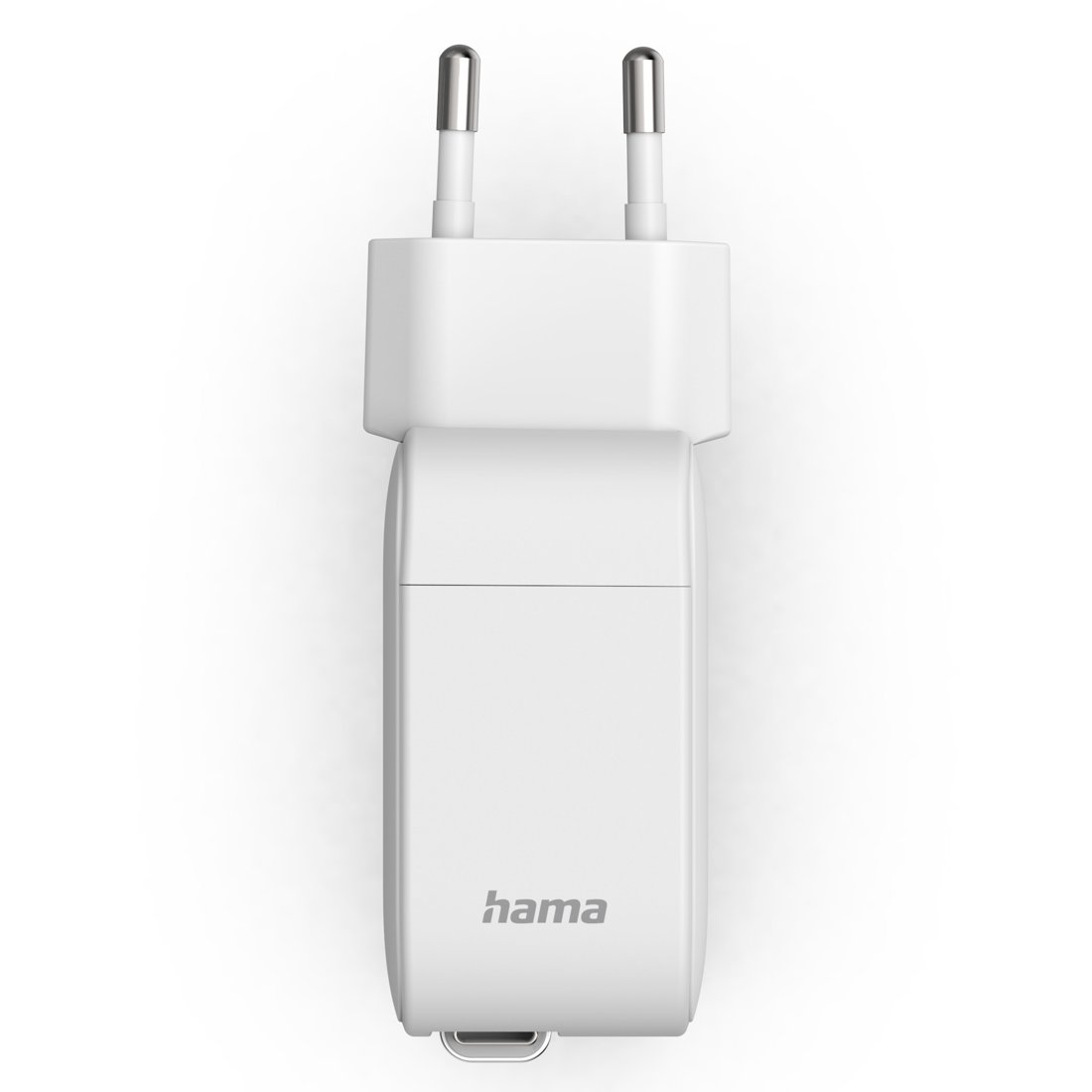 Biały zasilacz Hama z dwoma srebrnymi bolcami i portem USB.