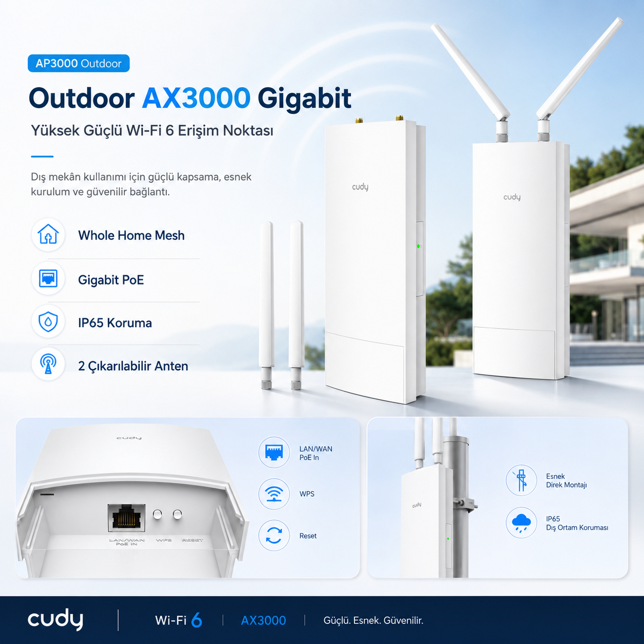 Access point Wi-Fi 6 Gigabit AX3000 da esterno con antenne, PoE, IP65.