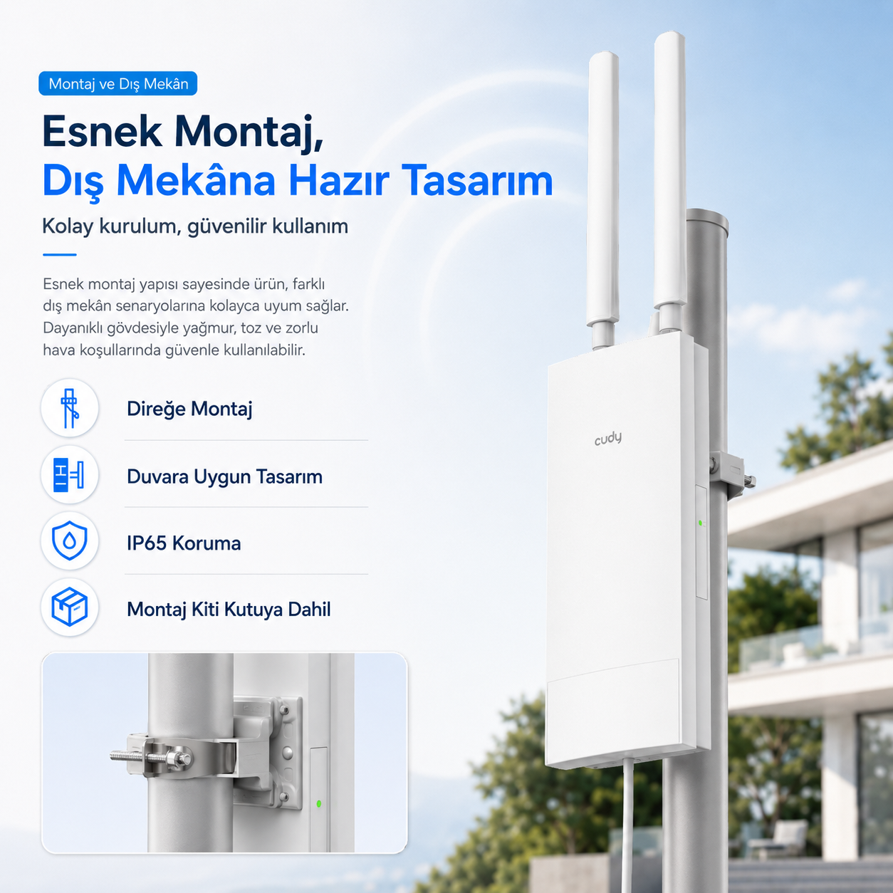 Un dispositivo Cudy bianco con antenne, montato su un palo, con una casa sullo sfondo.