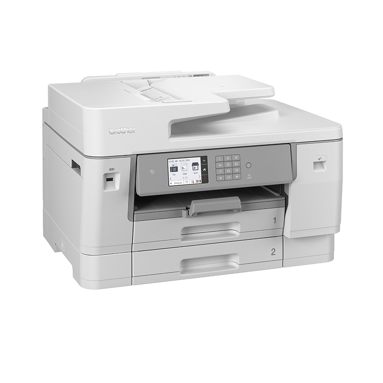 Ein weißer Brother Drucker mit Touchscreen und Tastatur steht auf einem weißen Hintergrund.