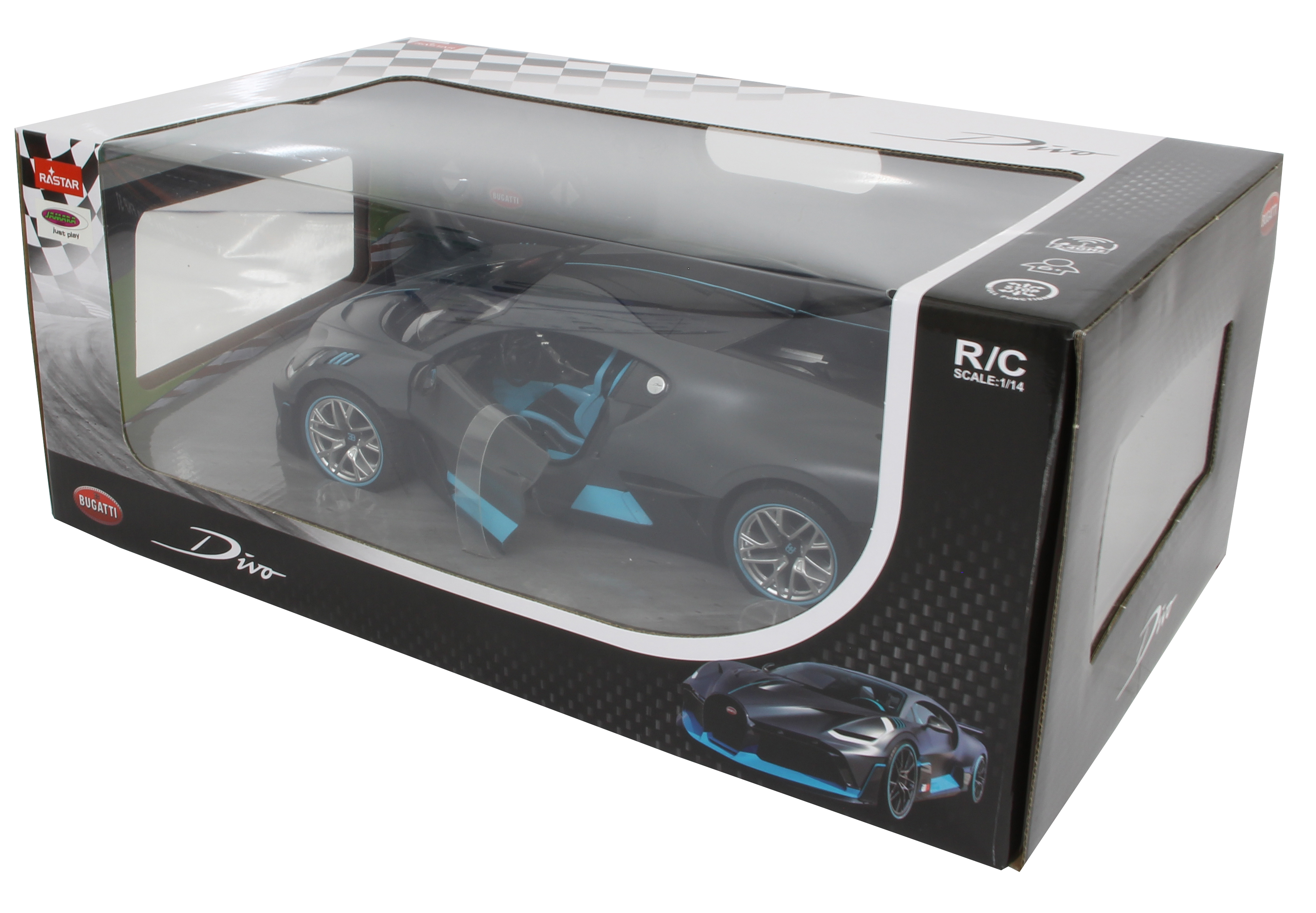 Eine schwarze ferngesteuerte Bugatti Divo Spielzeugauto in Box mit blauen Akzenten.