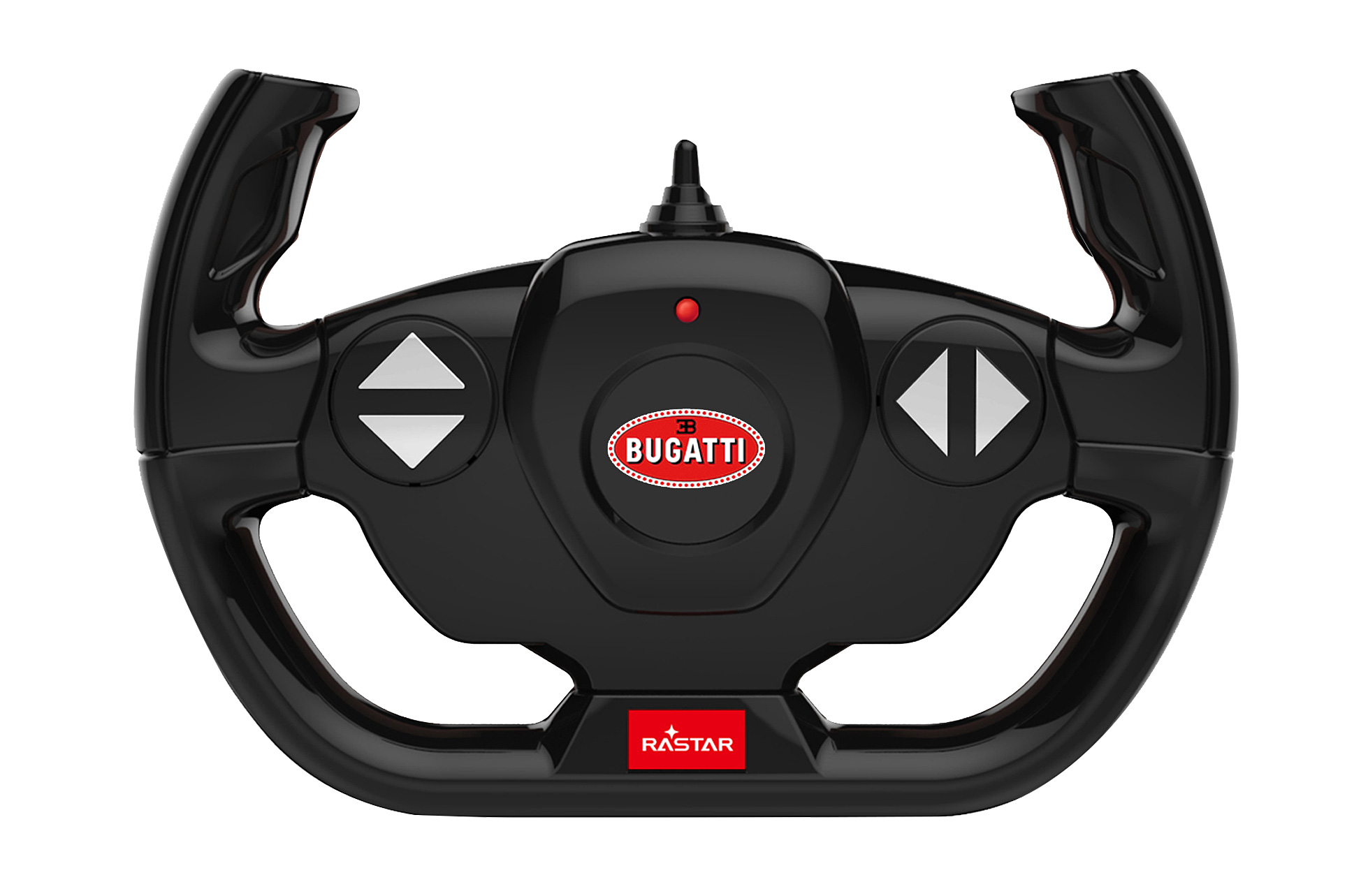 Schwarzer ferngesteuerter Lenkrad-Controller mit Bugatti-Logo.