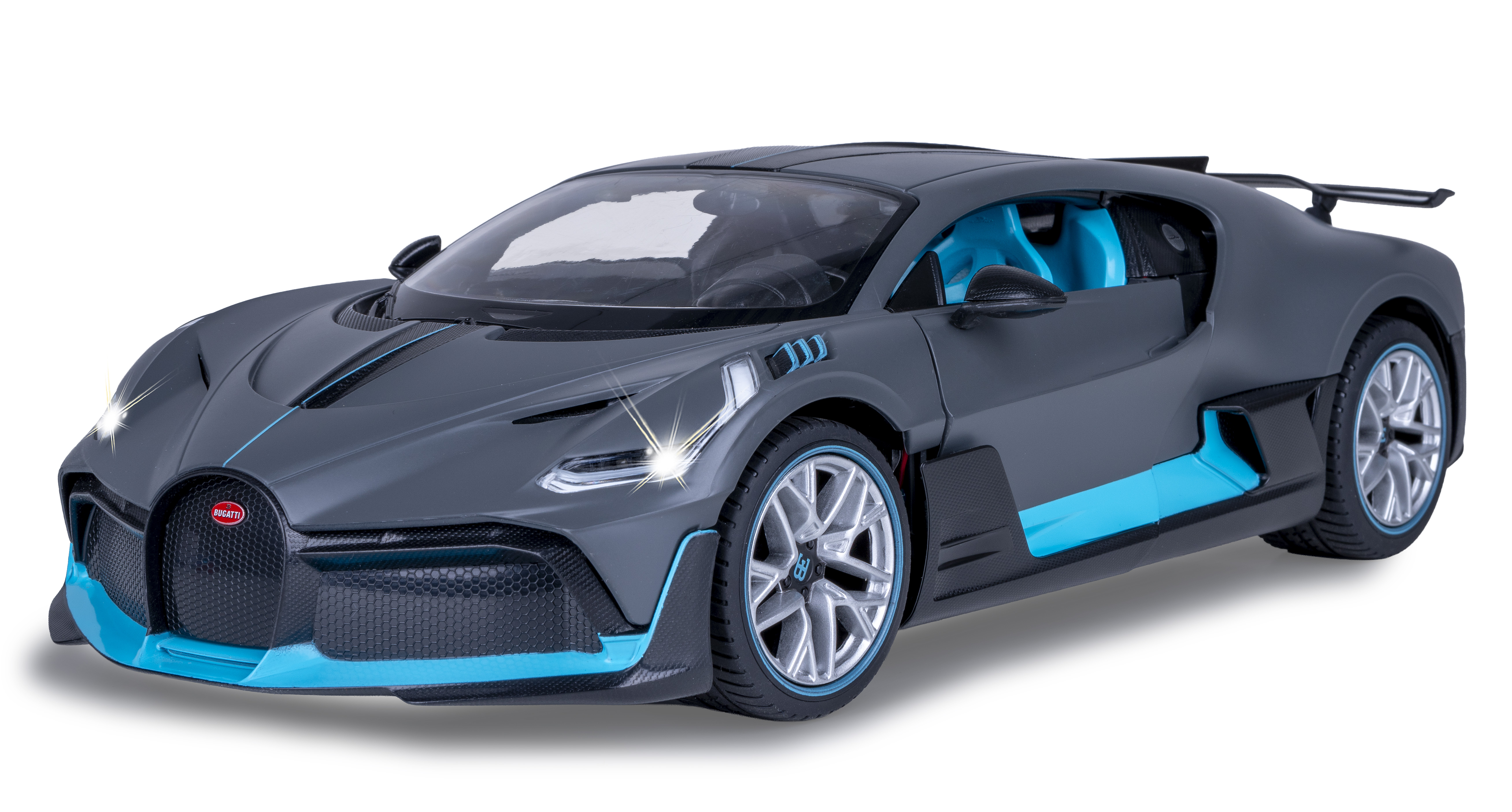 Grauer Bugatti mit blauen Akzenten, Innenraum und Felgen.