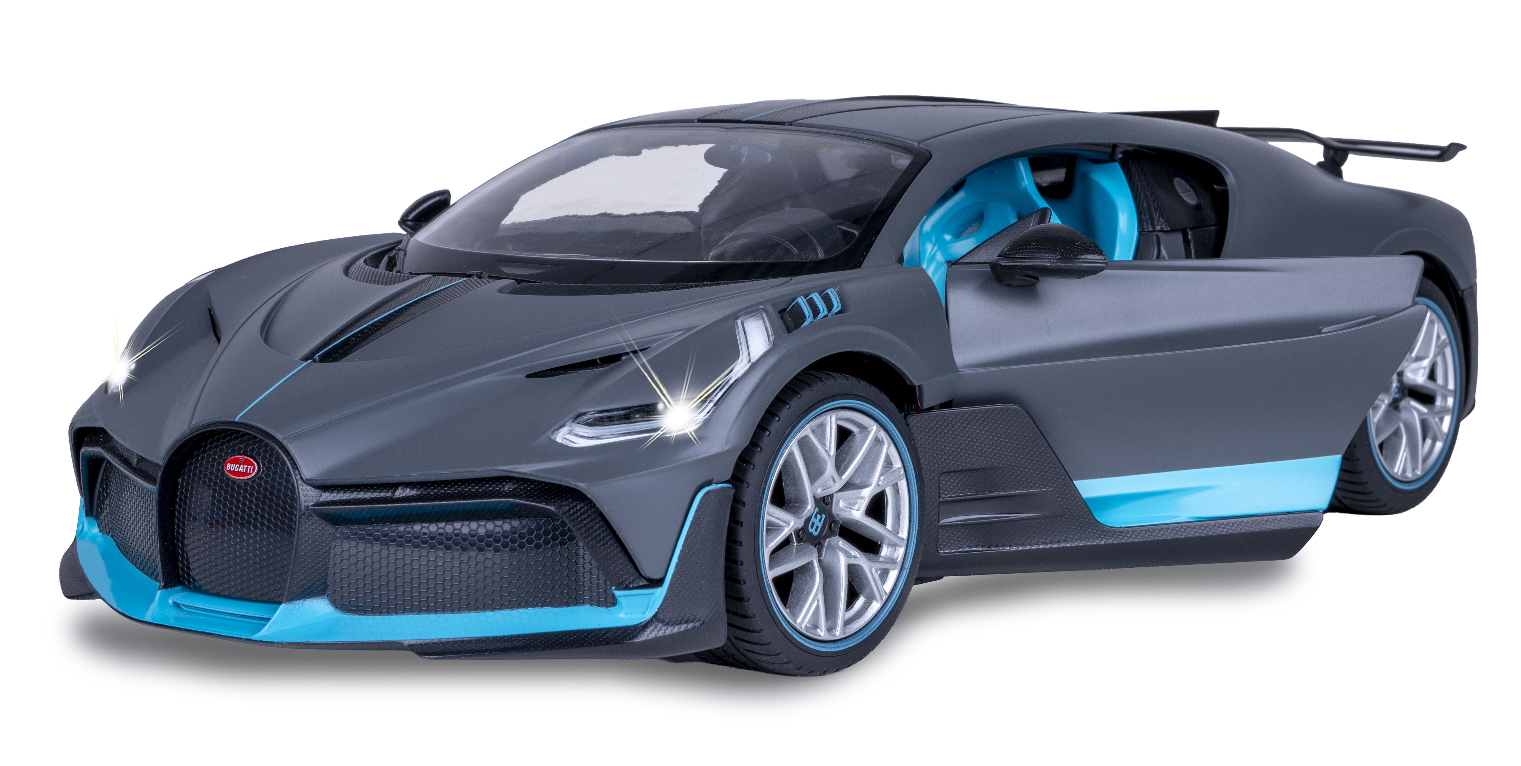 Ein dunkelgraues Bugatti-Spielzeugauto mit blauen Akzenten und Innenraum, Fahrertür offen.