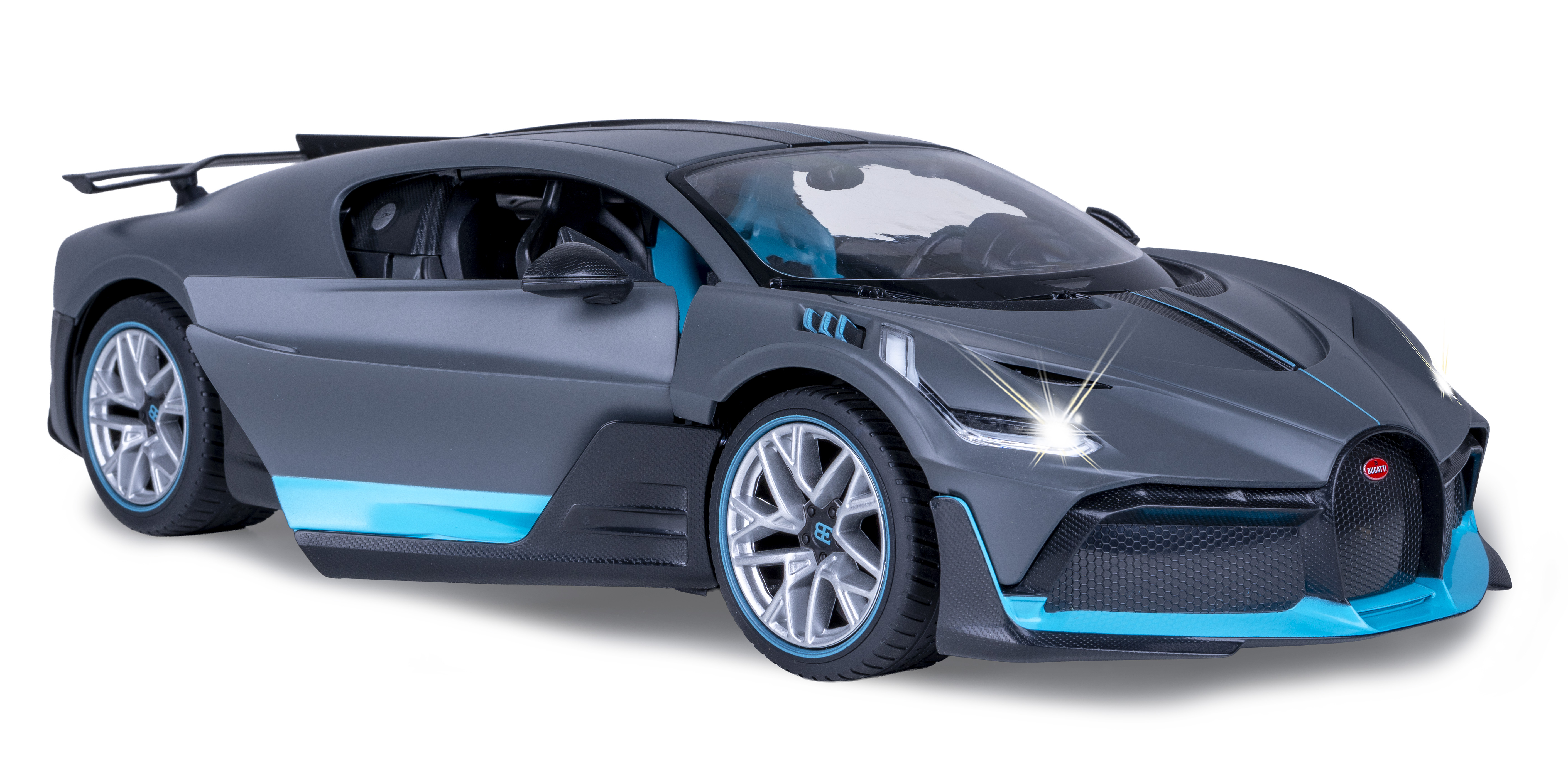 Grauer Bugatti mit blauen Akzenten und leuchtenden Scheinwerfern.