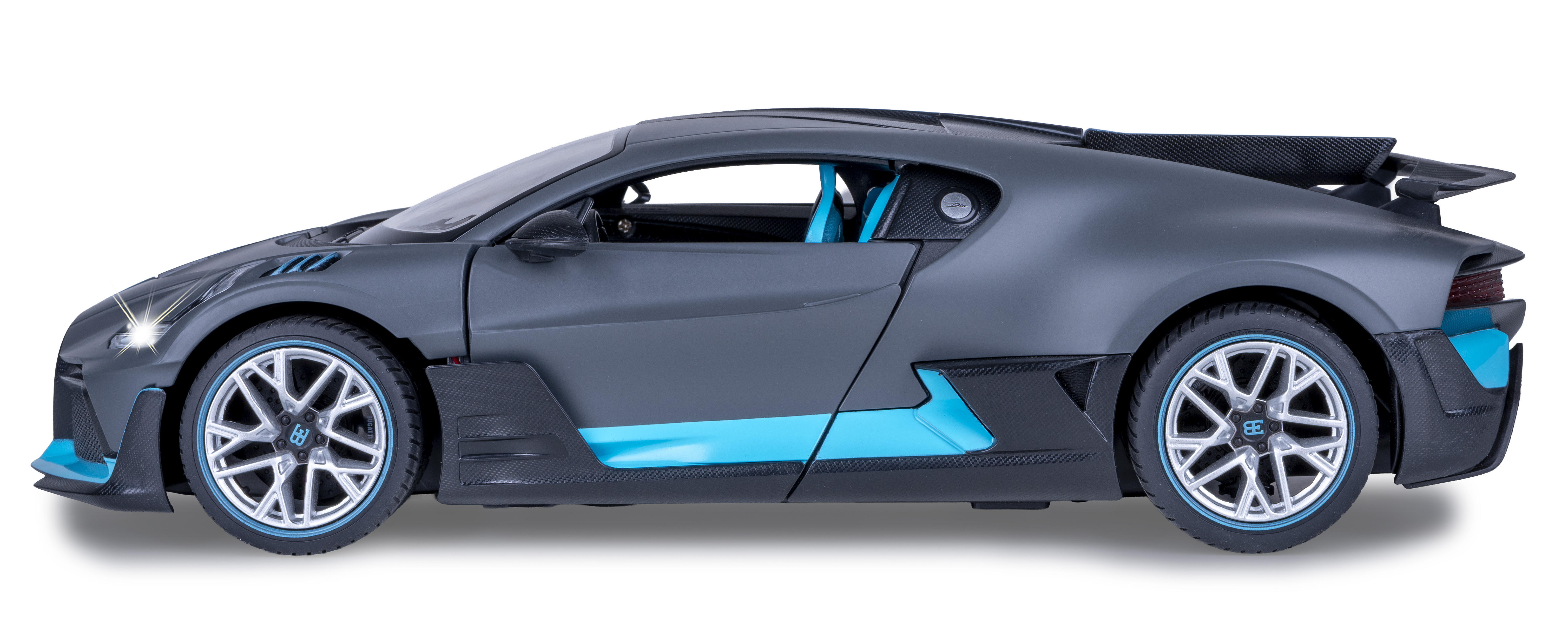 Graues Sportwagenmodell mit blauen Akzenten und Carbon-Details.