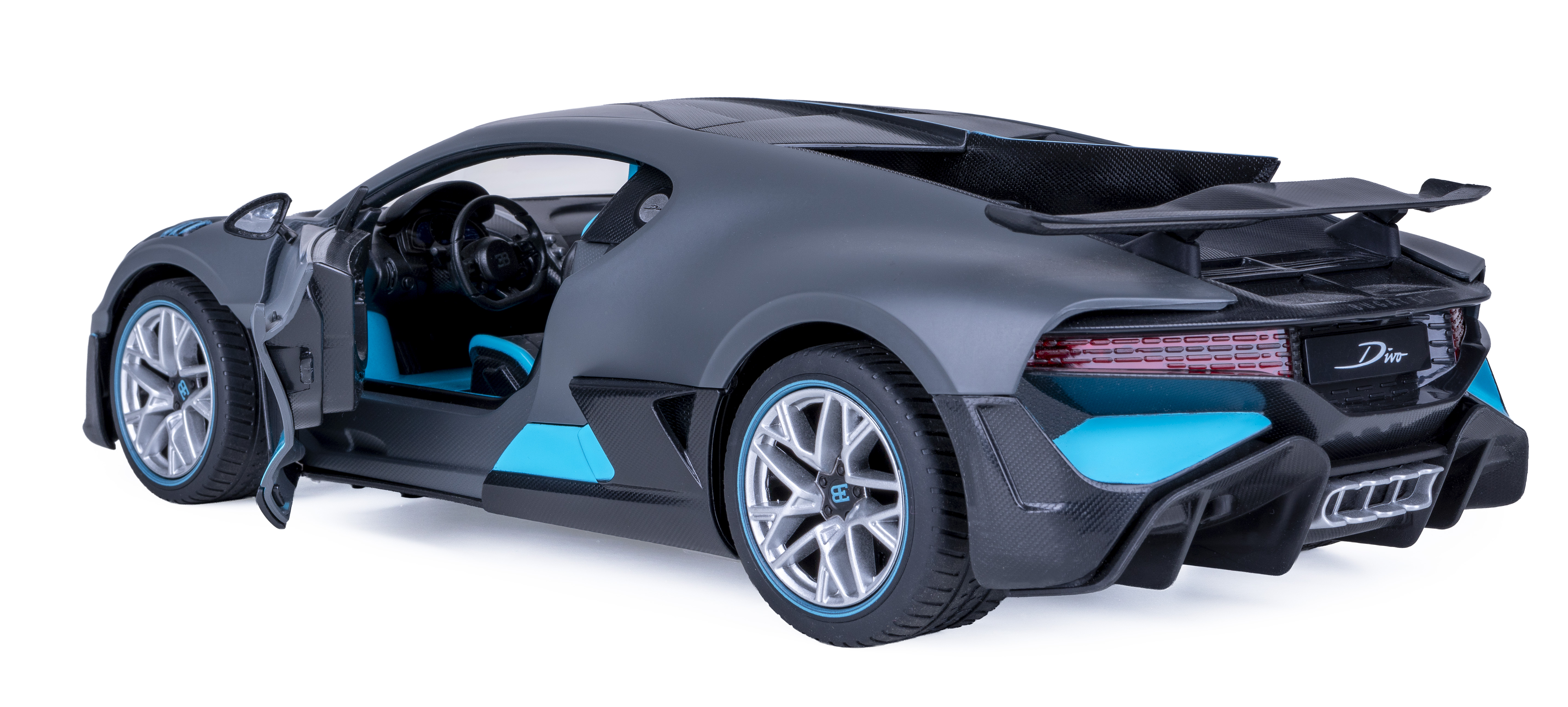 Graues Bugatti Divo Modellauto mit geöffneter Tür, blauen Akzenten und Carbon-Details.