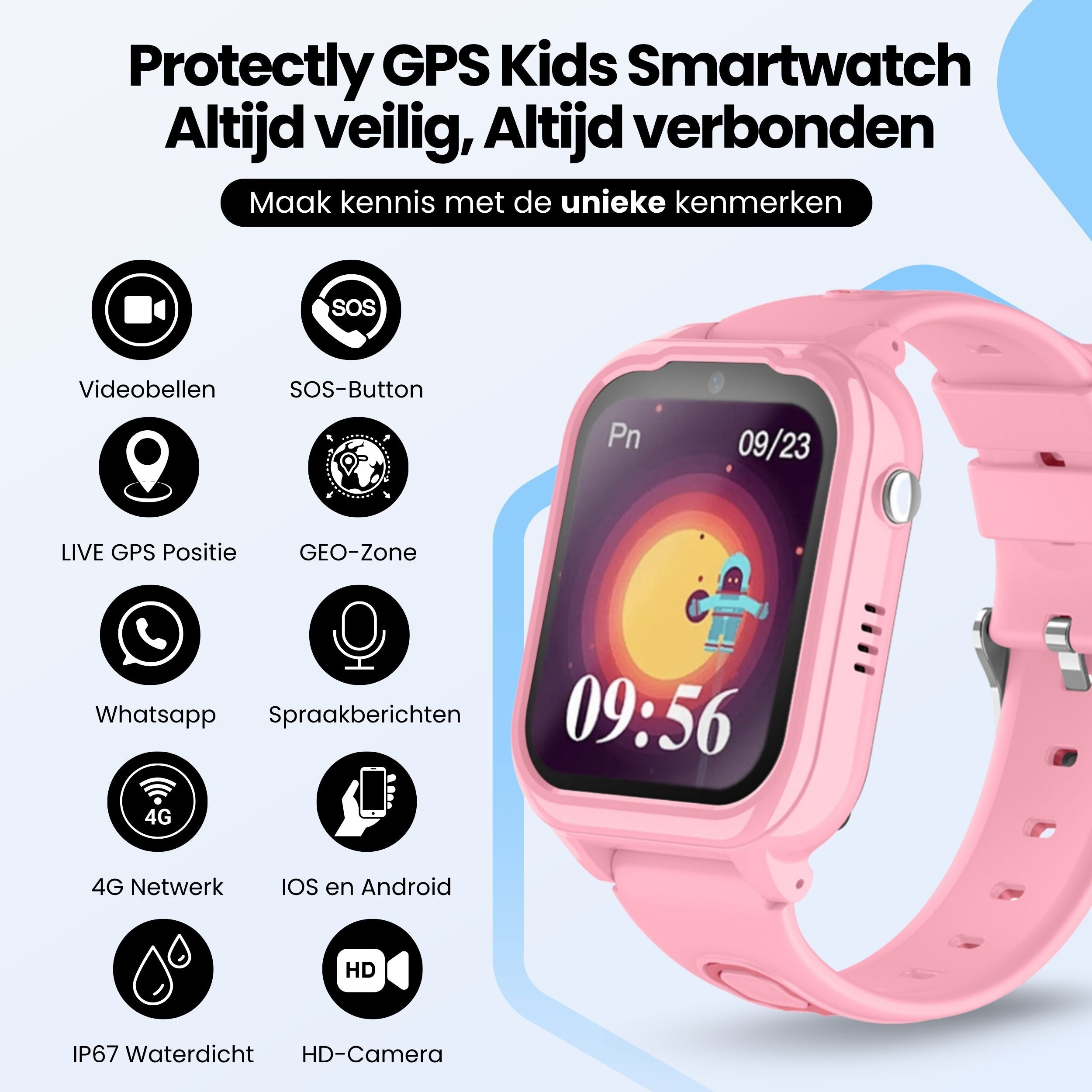 A pink GPS kids smartwatch featuring video calls, SOS, live GPS, WhatsApp, 4G, IP67, and HD camera.