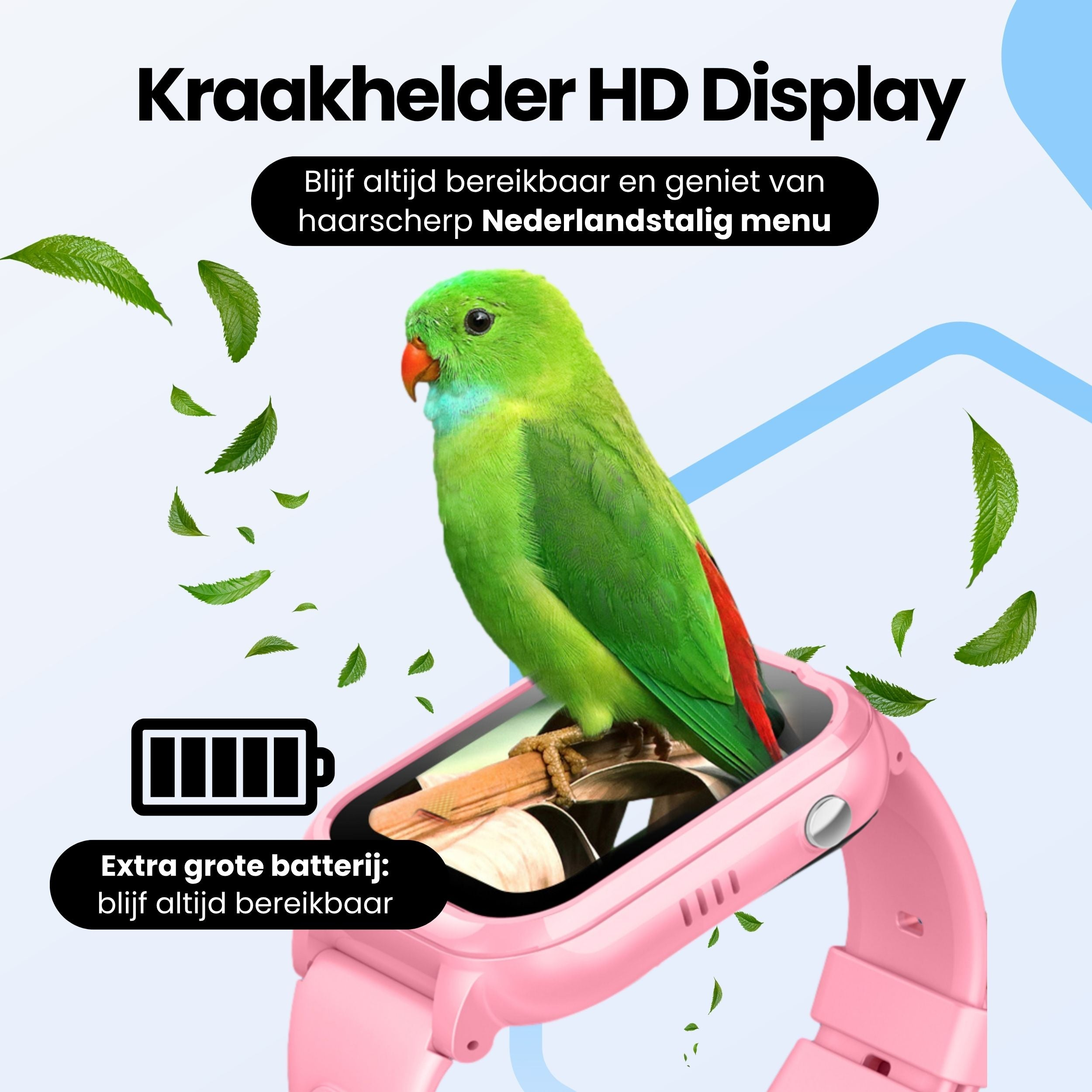 A green parrot sits on a pink smartwatch with leaves around it.