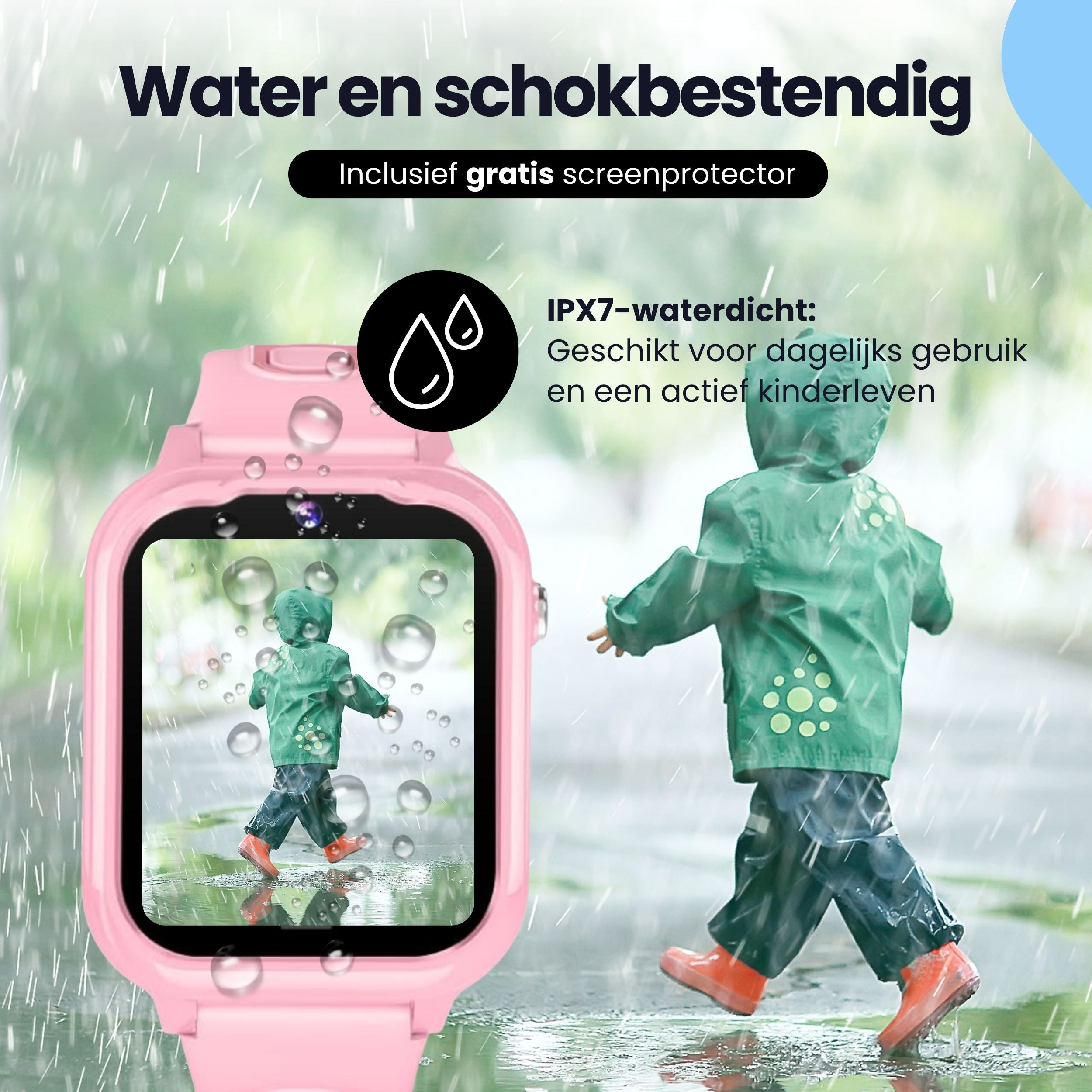 A pink kids smartwatch shows a child in a green raincoat walking in the rain.