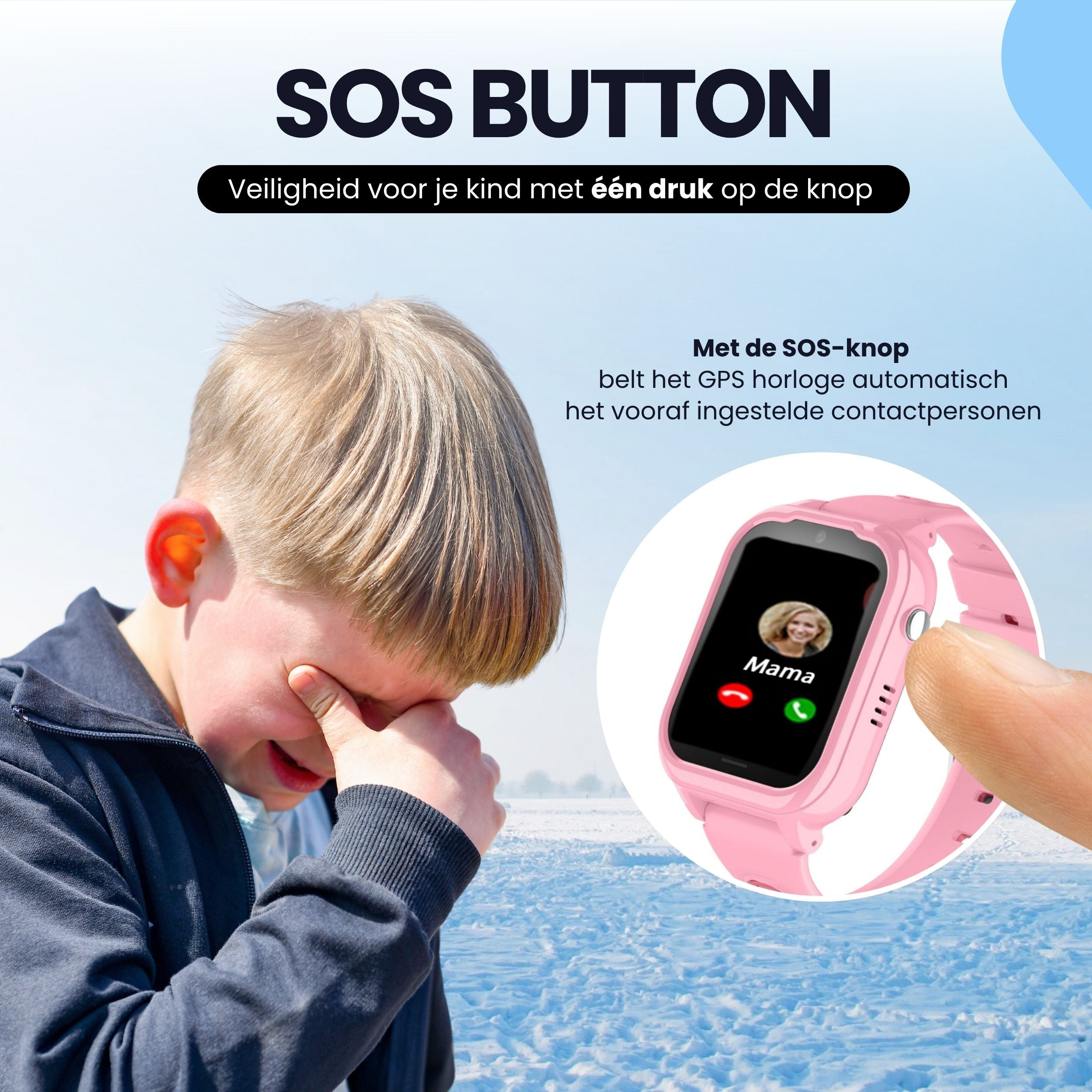 A boy cries in the snow next to a pink smartwatch with an SOS button.