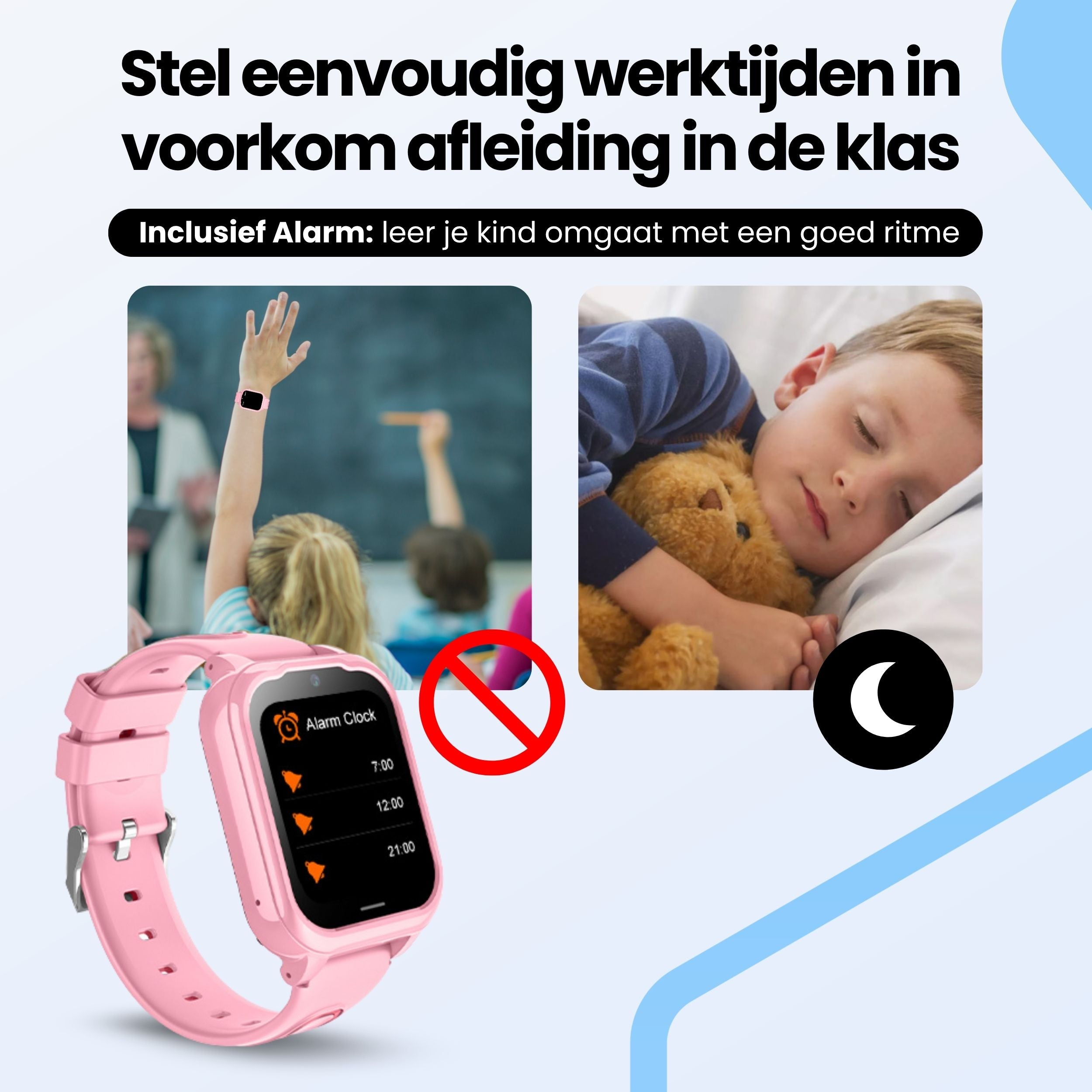 A pink smartwatch shows an alarm schedule. A boy sleeps.