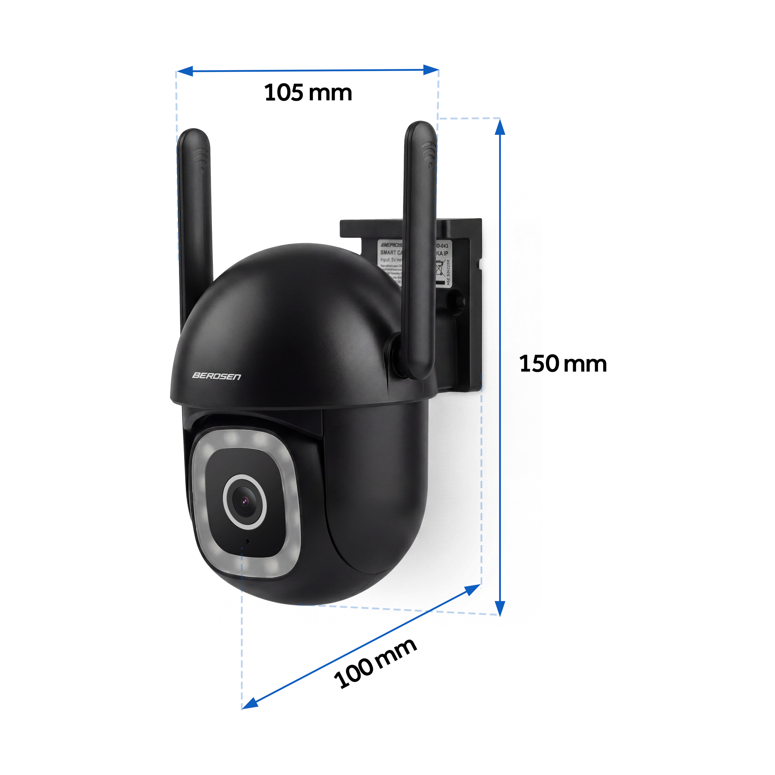 Czarna kamera inteligentna BEROSEN z dwiema antenami, szeroka na 105mm, wysoka na 150mm.