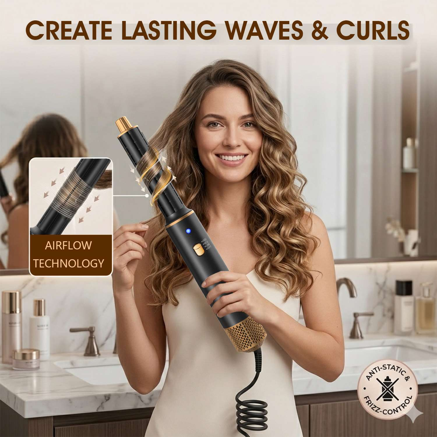 Frau mit Haartrockner, der Locken erzeugt. "CREATE LASTING WAVES & CURLS".