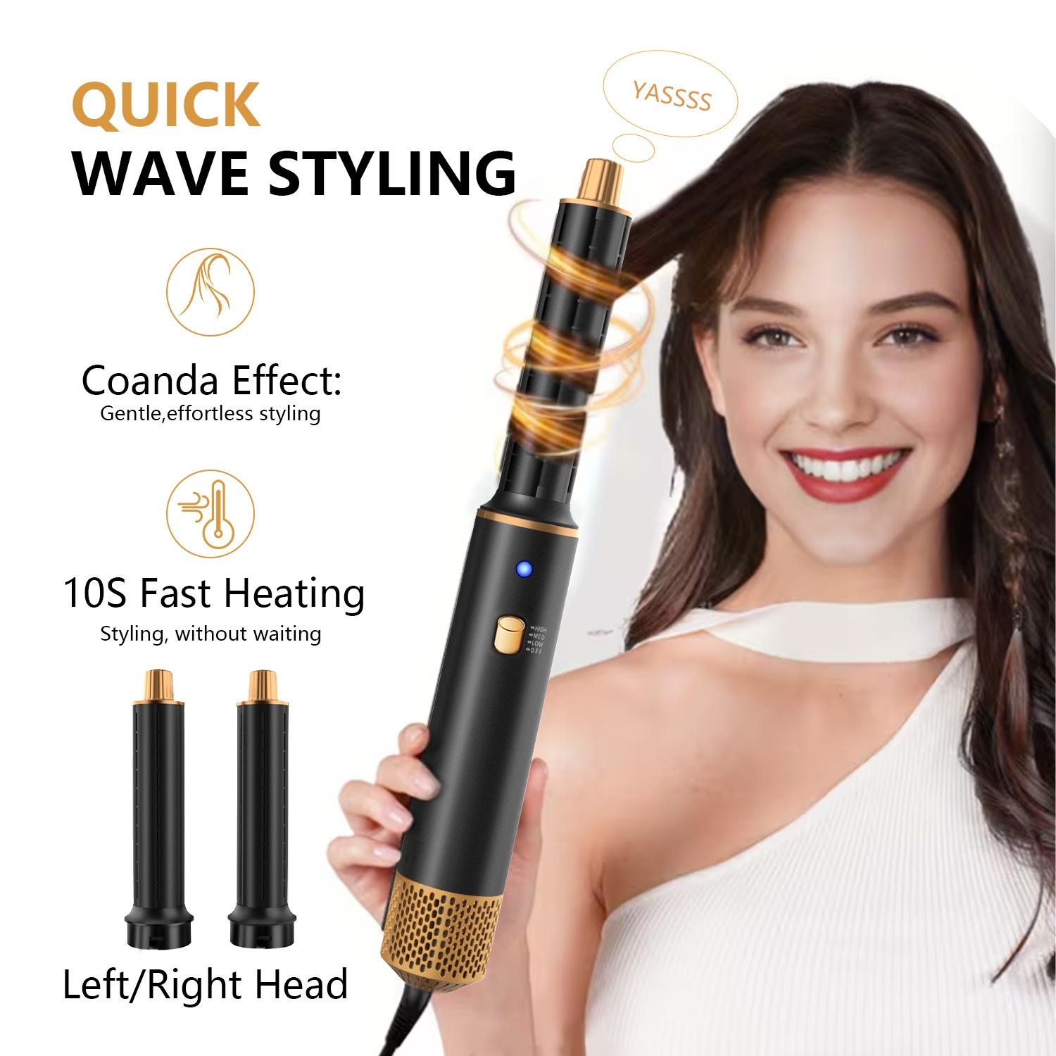 Eine Frau mit einem automatischen Lockenstab, der Wellen stylt. Text über schnelles Styling.