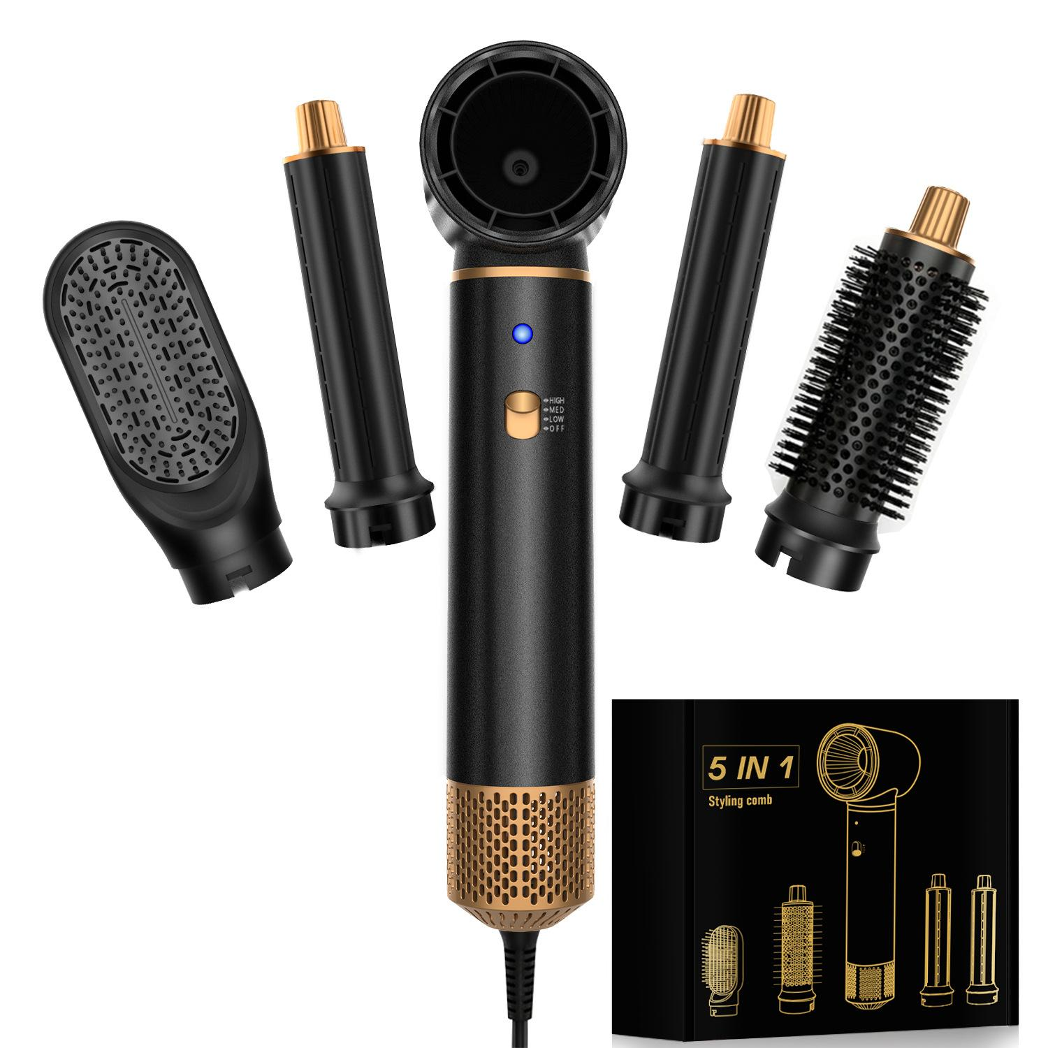 Schwarzer und goldener 5-in-1-Haarstyler mit mehreren Aufsätzen und Produktbox.