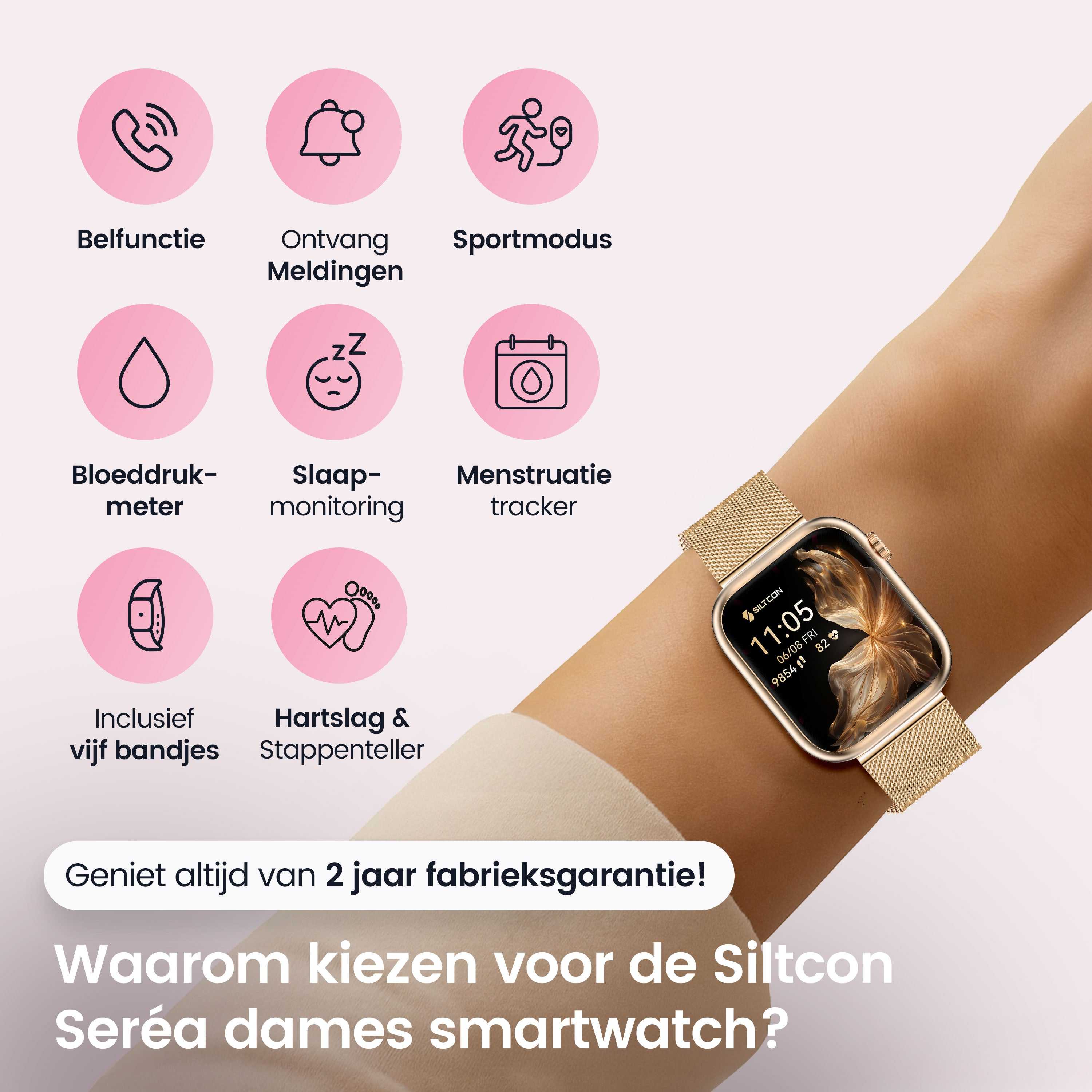 A smartwatch on a wrist with icons for call, notification, sport, and health.