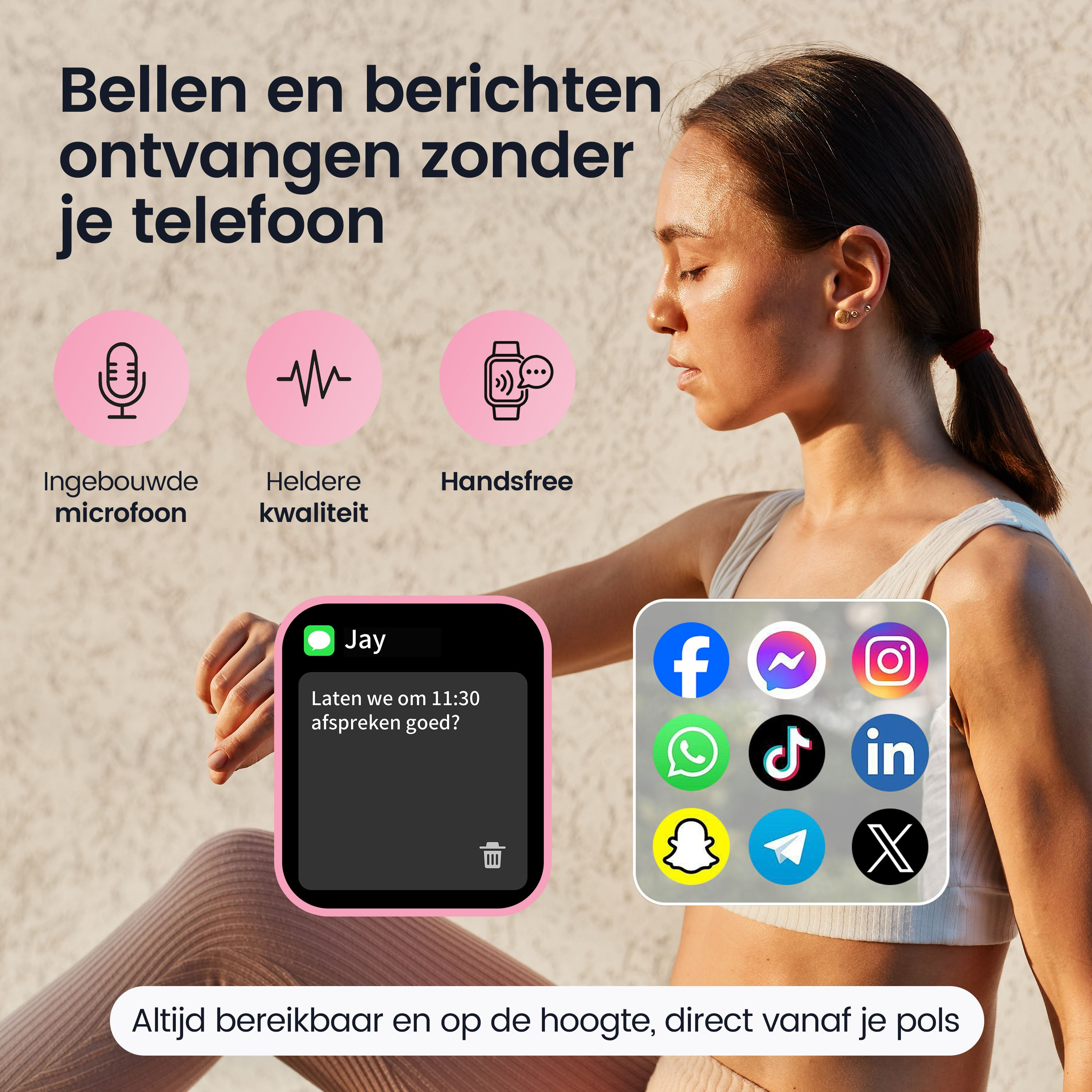 A woman with a smartphone and social media icons, worn on the wrist.