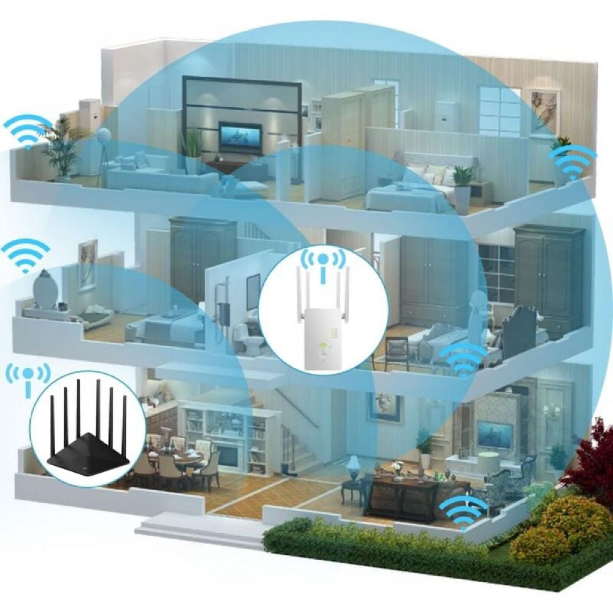 Illustration eines mehrstöckigen Hauses mit WLAN-Signalwellen, die verschiedene Räume abdecken.