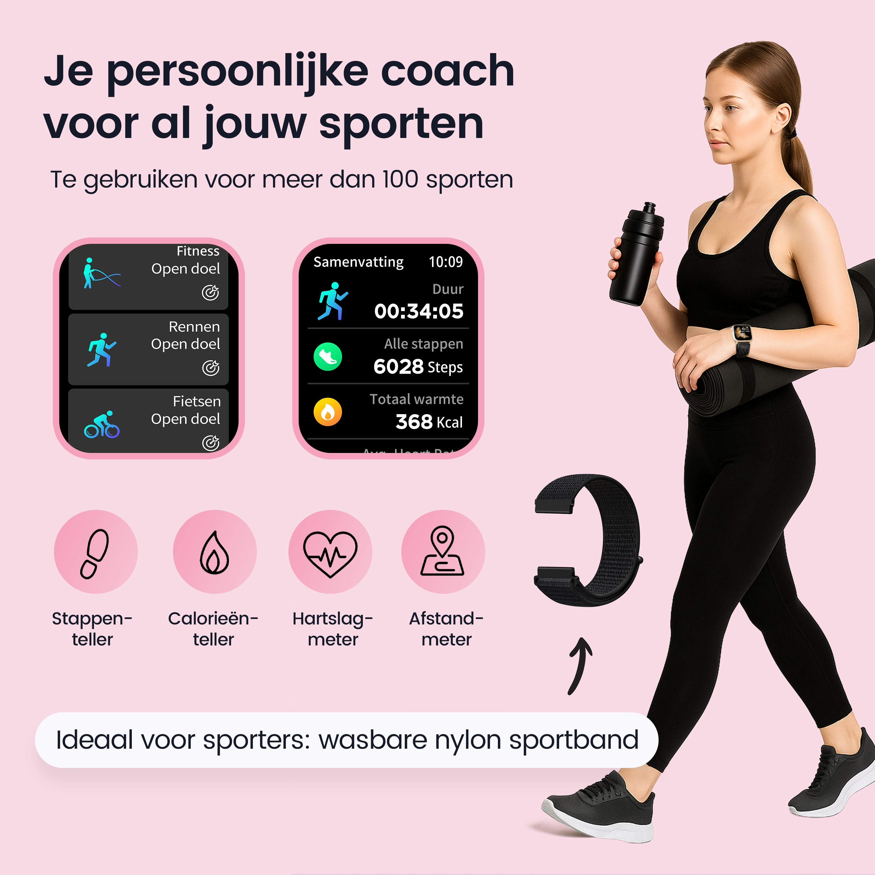 Woman in sportswear holds water bottle and mat. Training summary displayed.