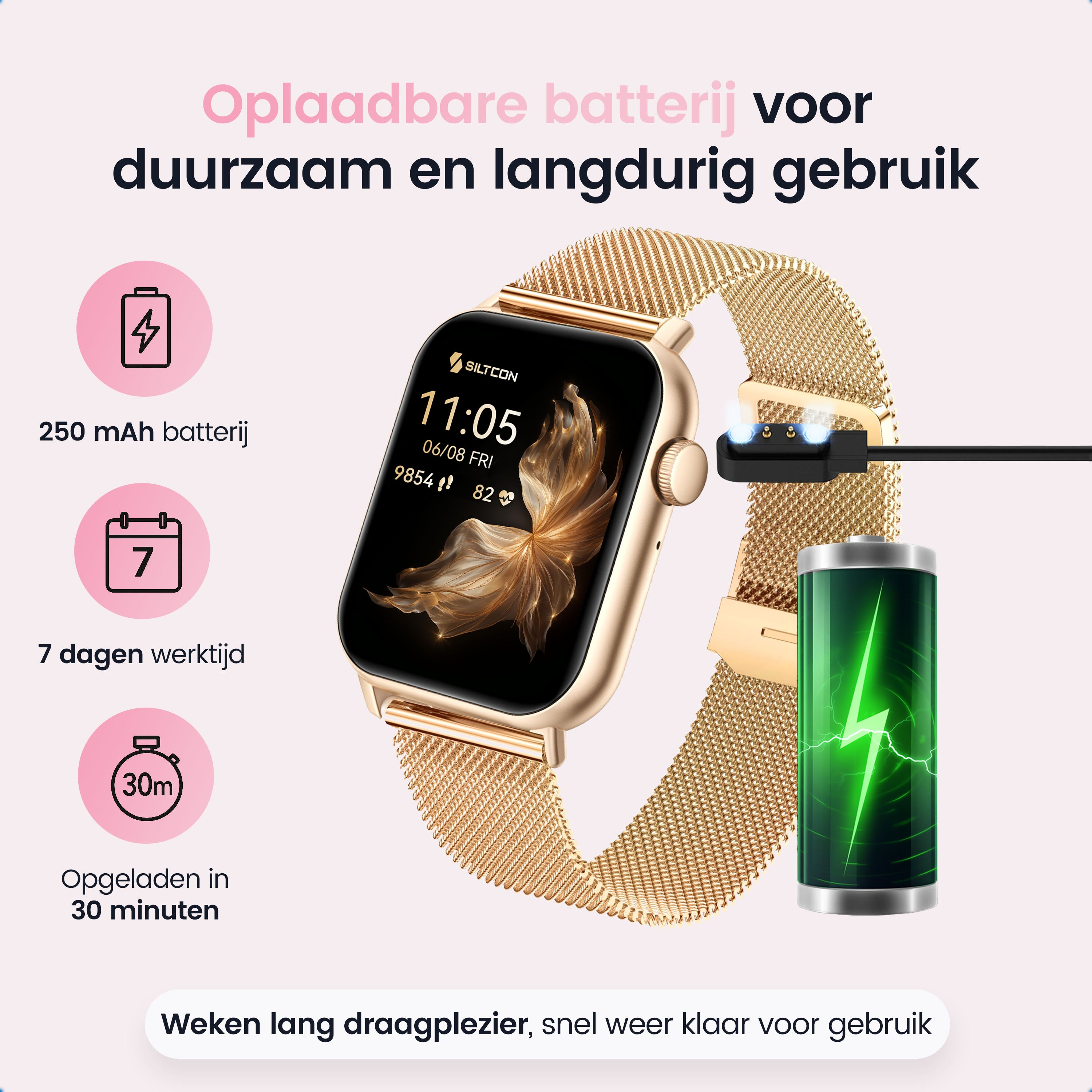 Gold smartwatch with charging accessories and battery icons. 250 mAh battery.