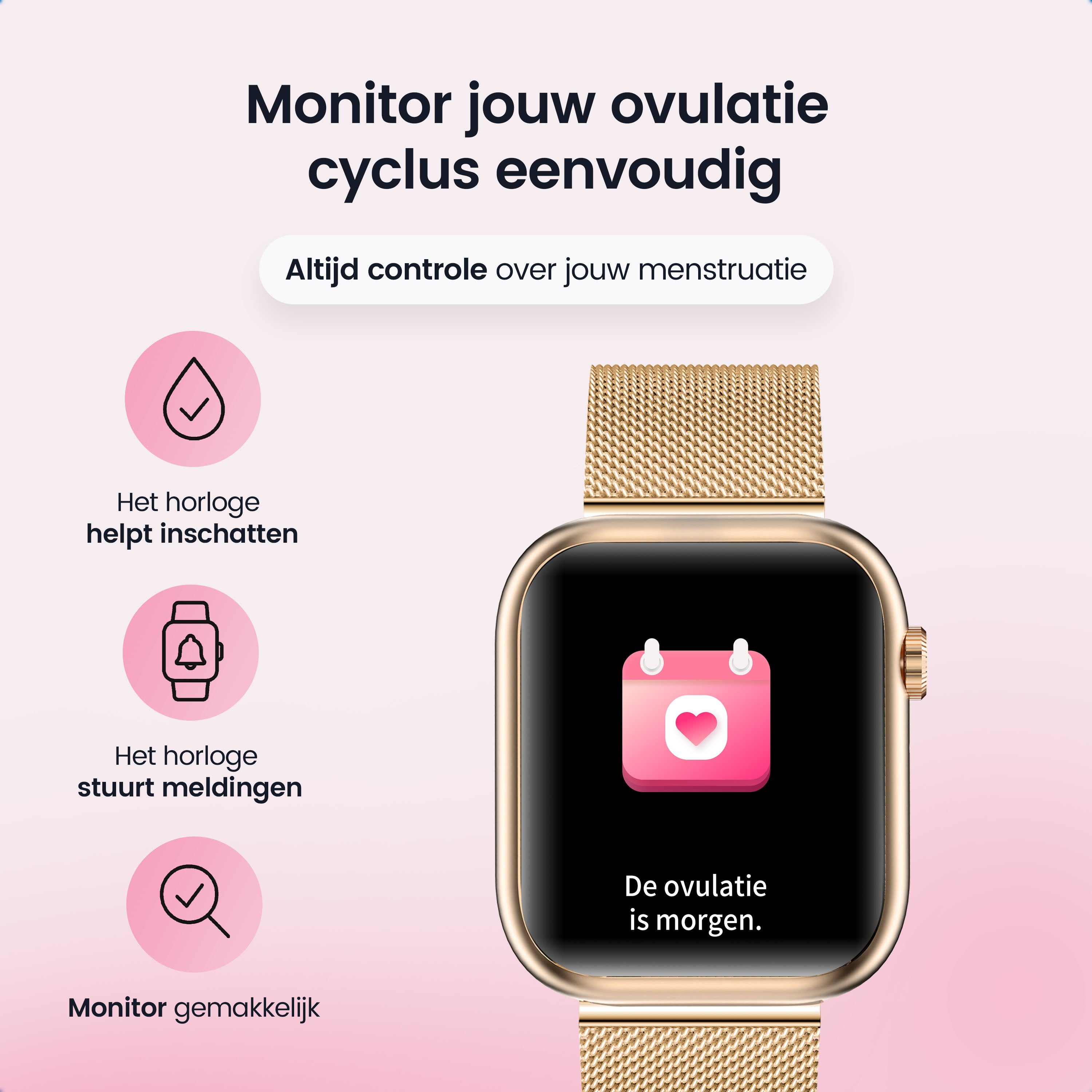 Gold smartwatch displays calendar with heart. Ovulation is tomorrow.