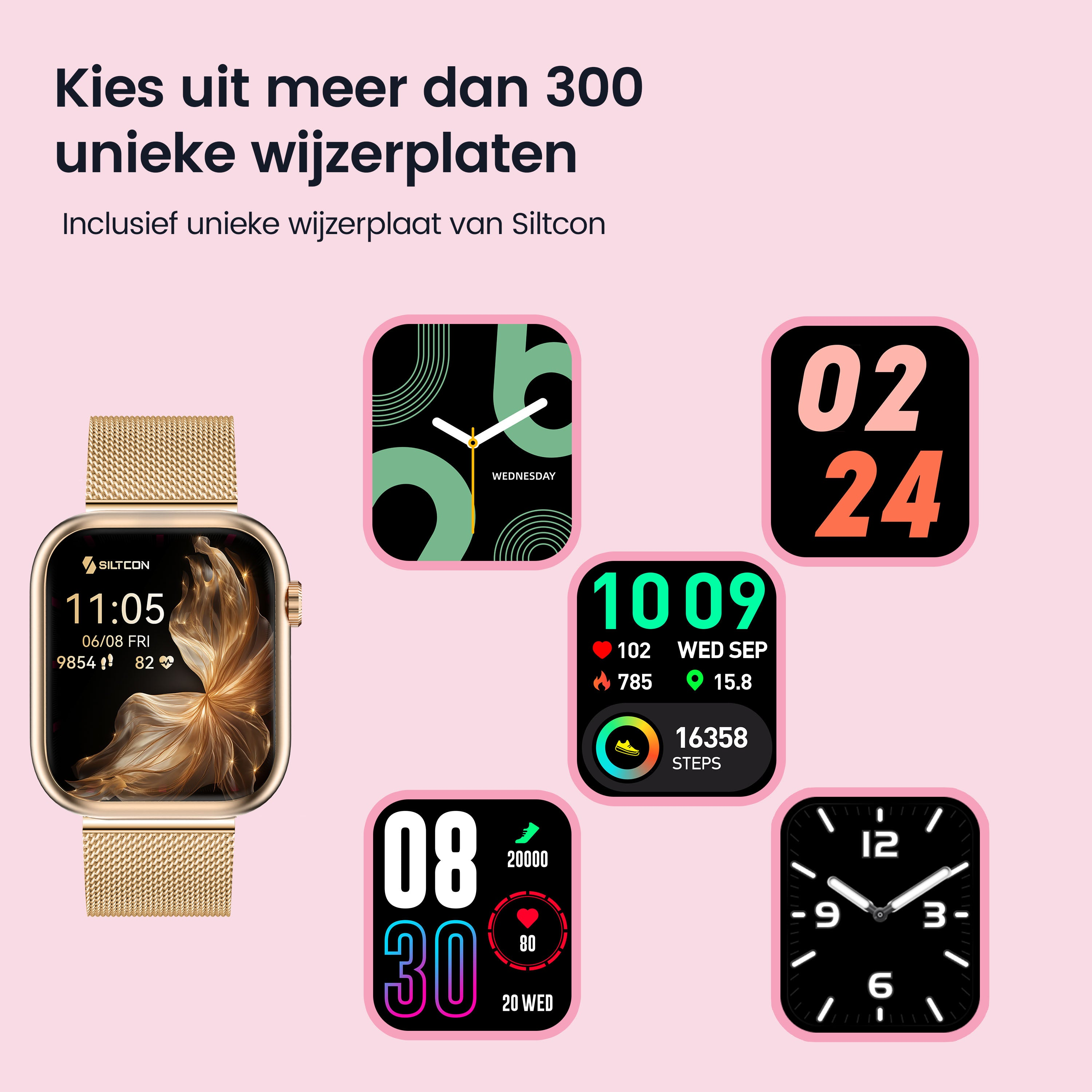 Gold smartwatch displaying various watch faces: time, date, steps, heart rate.