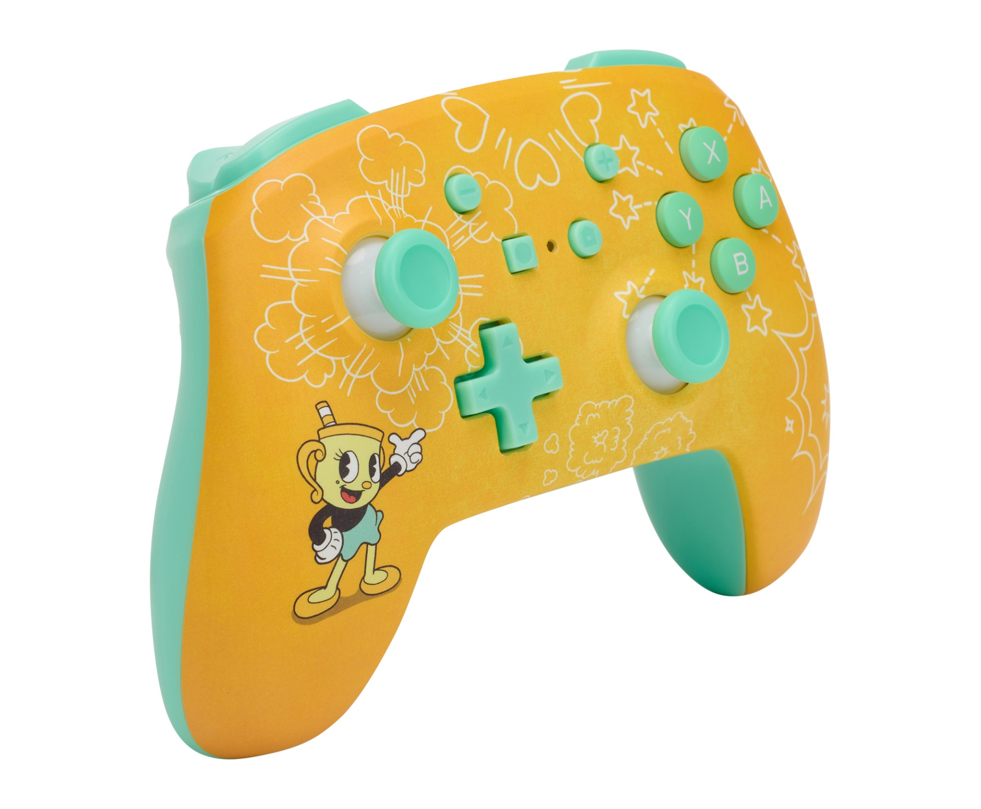 Żółty kontroler z motywem Cuphead i miętowo-zielonymi akcentami.