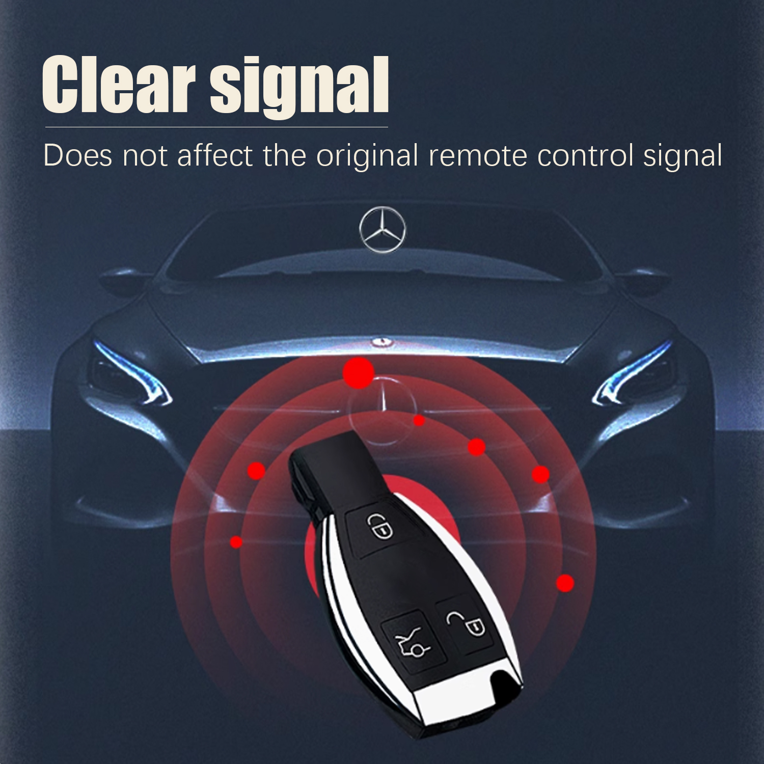 Eine Autoschlüssel mit Knöpfen vor einer Autosilhouette mit Grafiken für Signale.