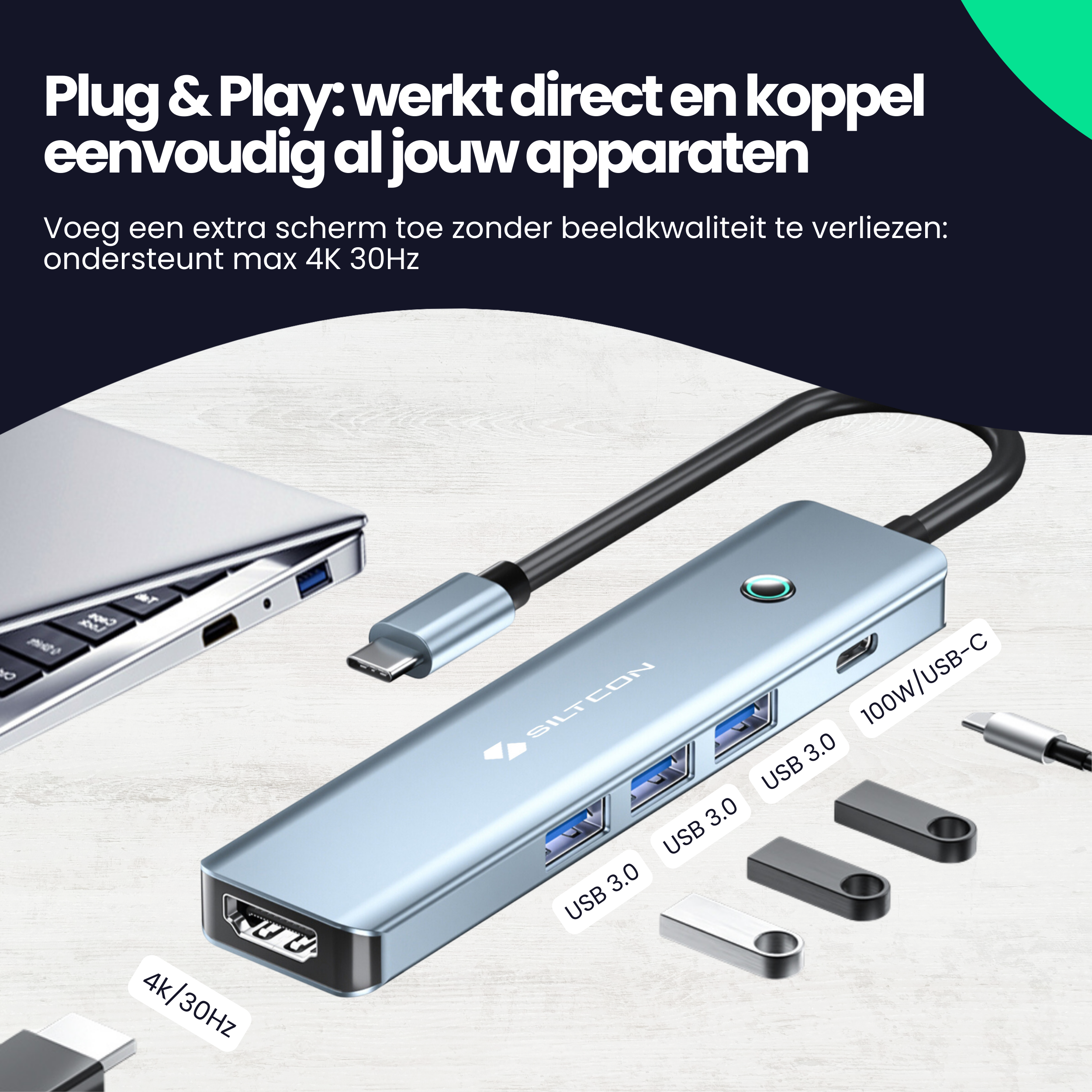 A silver USB-C hub with ports for a laptop, 4K/30Hz, and 100W.
