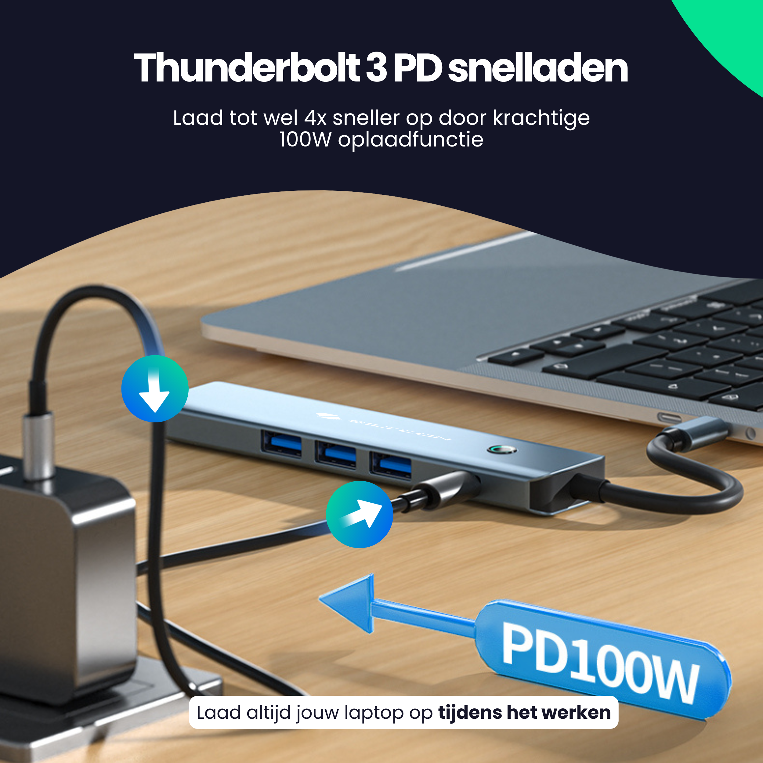 A USB-C hub charges a laptop at 100W, next to a power adapter.