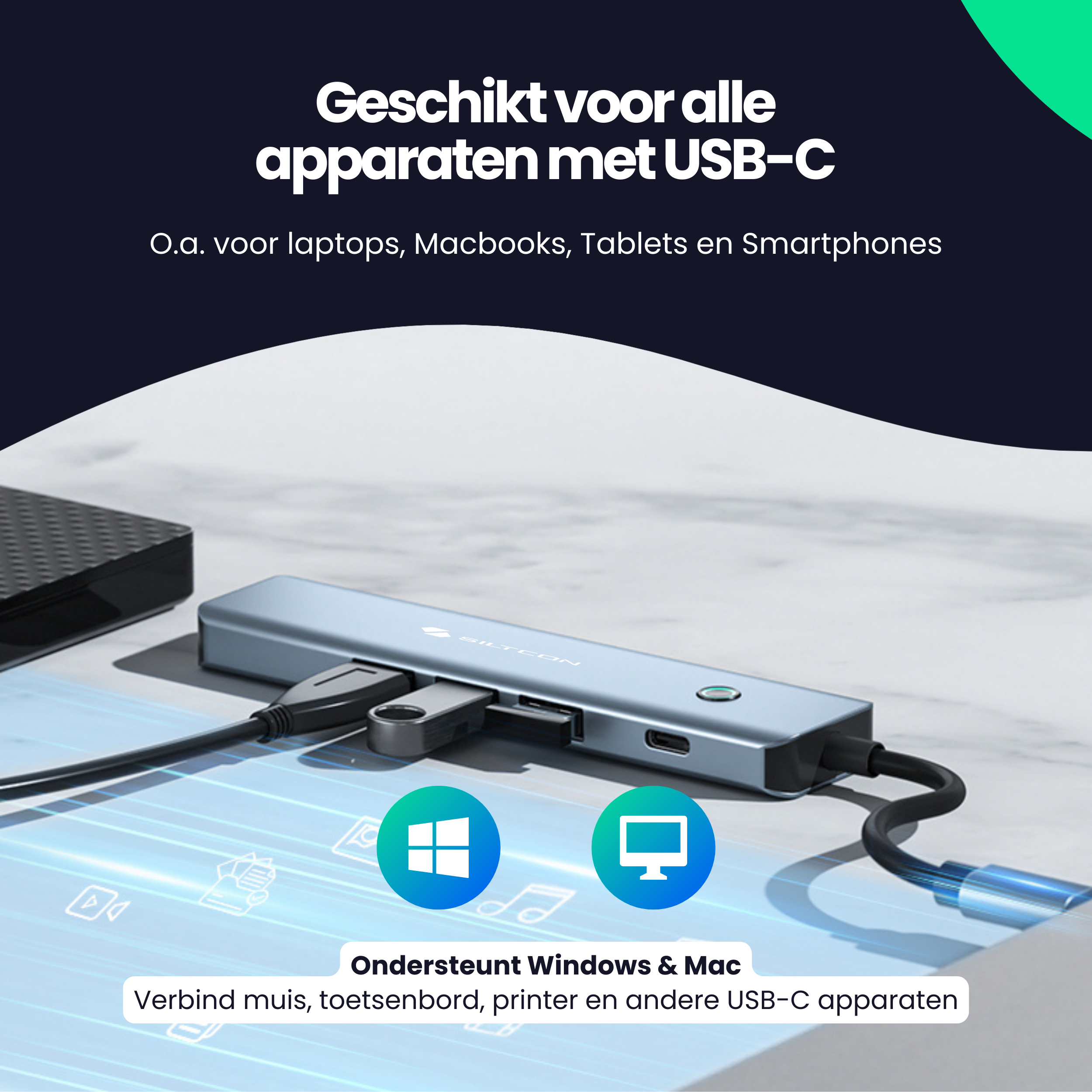 A blue USB-C hub with cables connected. Supports Windows & Mac.